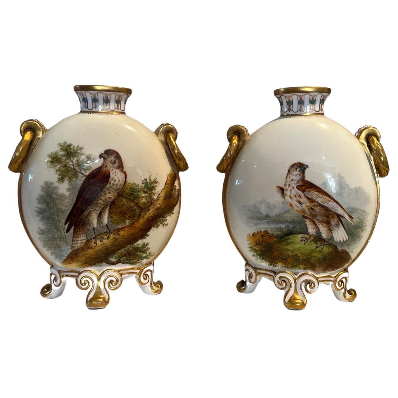 Pair, Royal Crown Derby "Exotic Birds" Jewel Encrusted Moon Flask Vases C. 1880 For Sale
