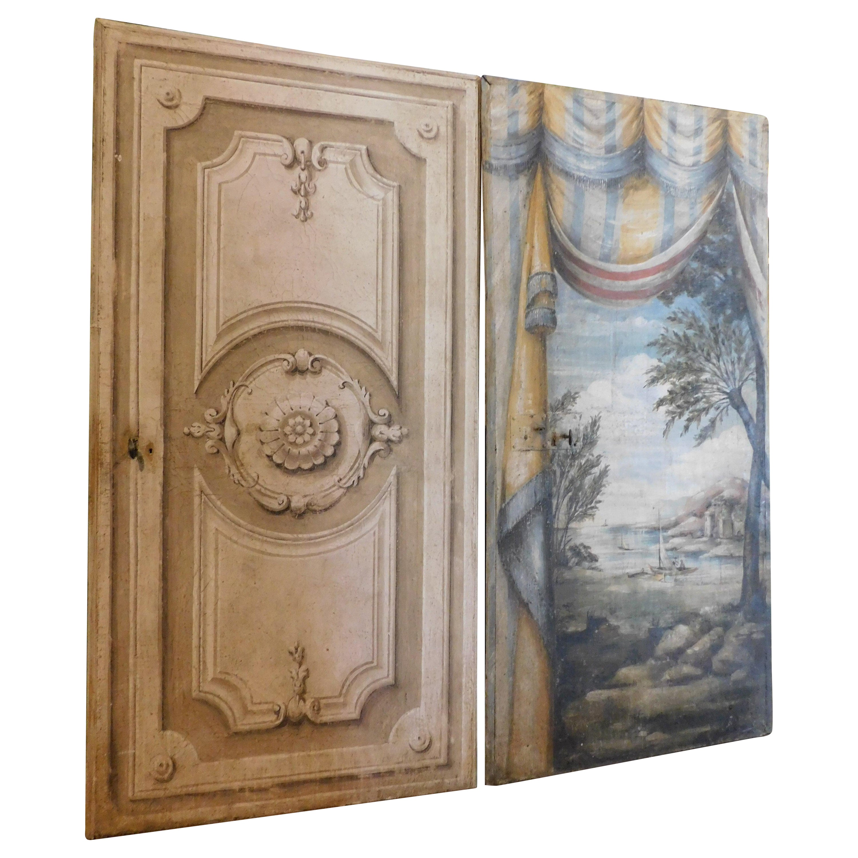 N.2 antique wooden doors, richly painted double-sided different theme, Italy For Sale