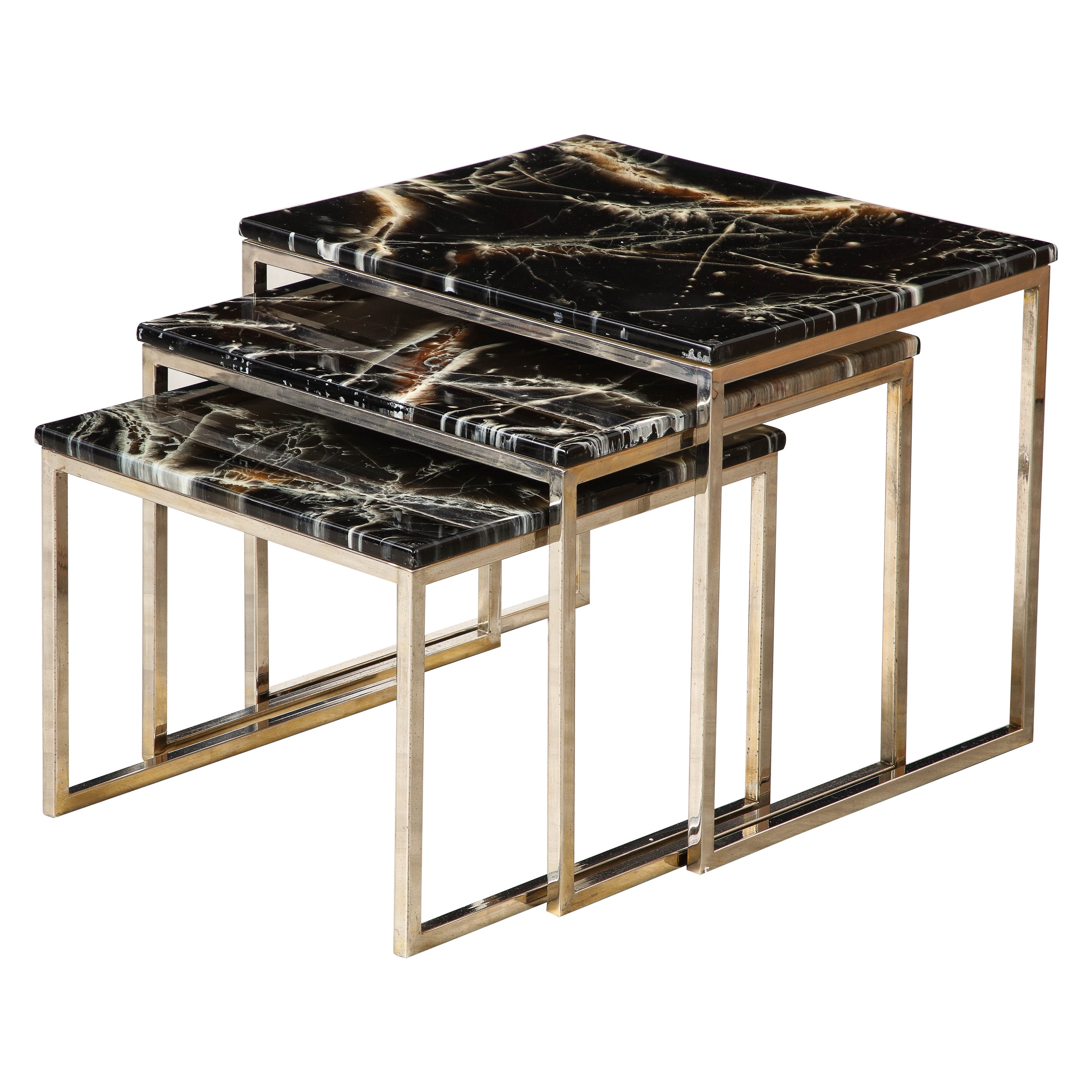 French 1970's Chrome and Faux Stone Nesting Tables For Sale