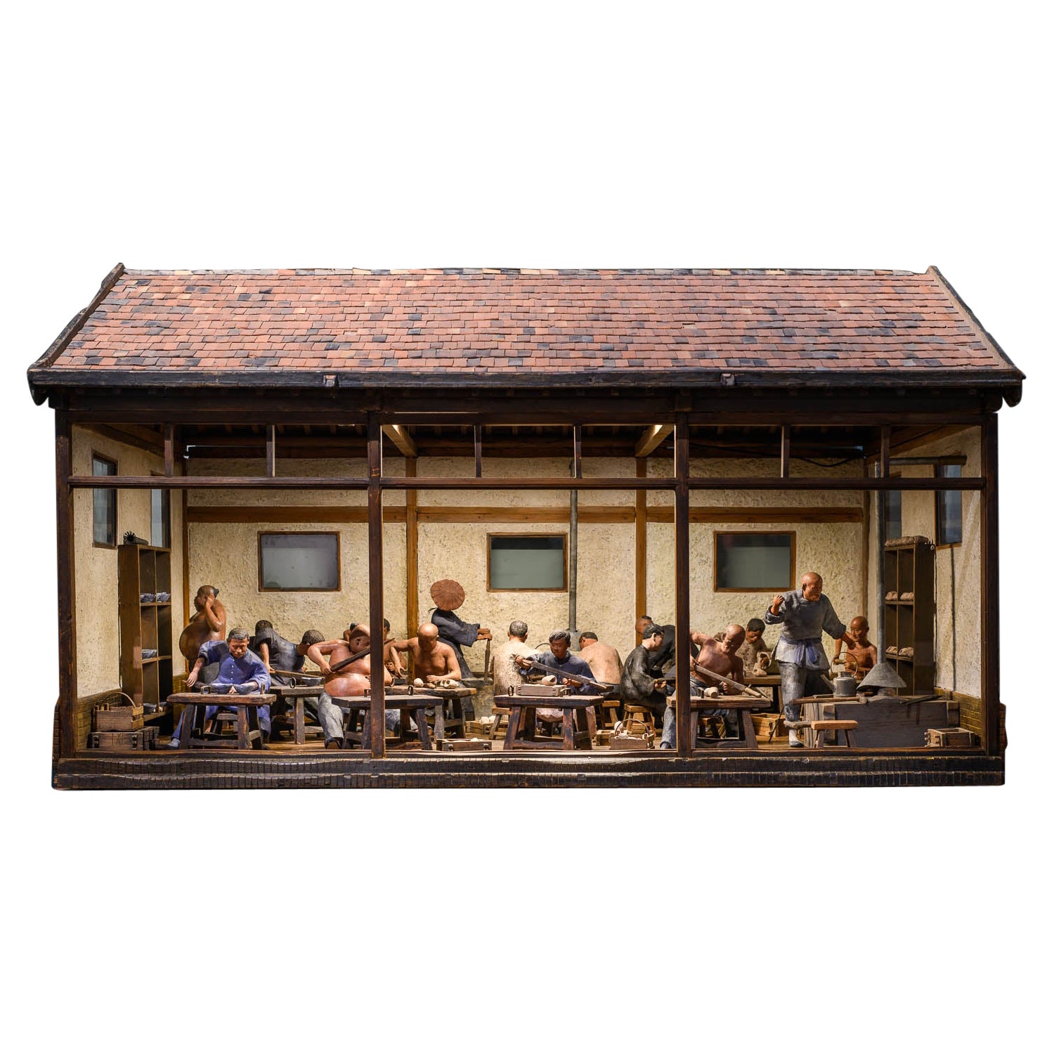 Chinesisches workshop-geschliffenes Modell des 19. Jahrhunderts mit 17 polychromierten Figuren. Weltausstellung im Angebot