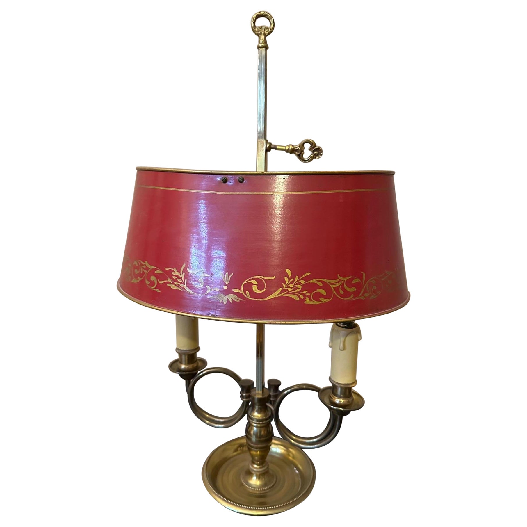 20th century French Mid-century Brass and Hand painted Tole Shade For Sale