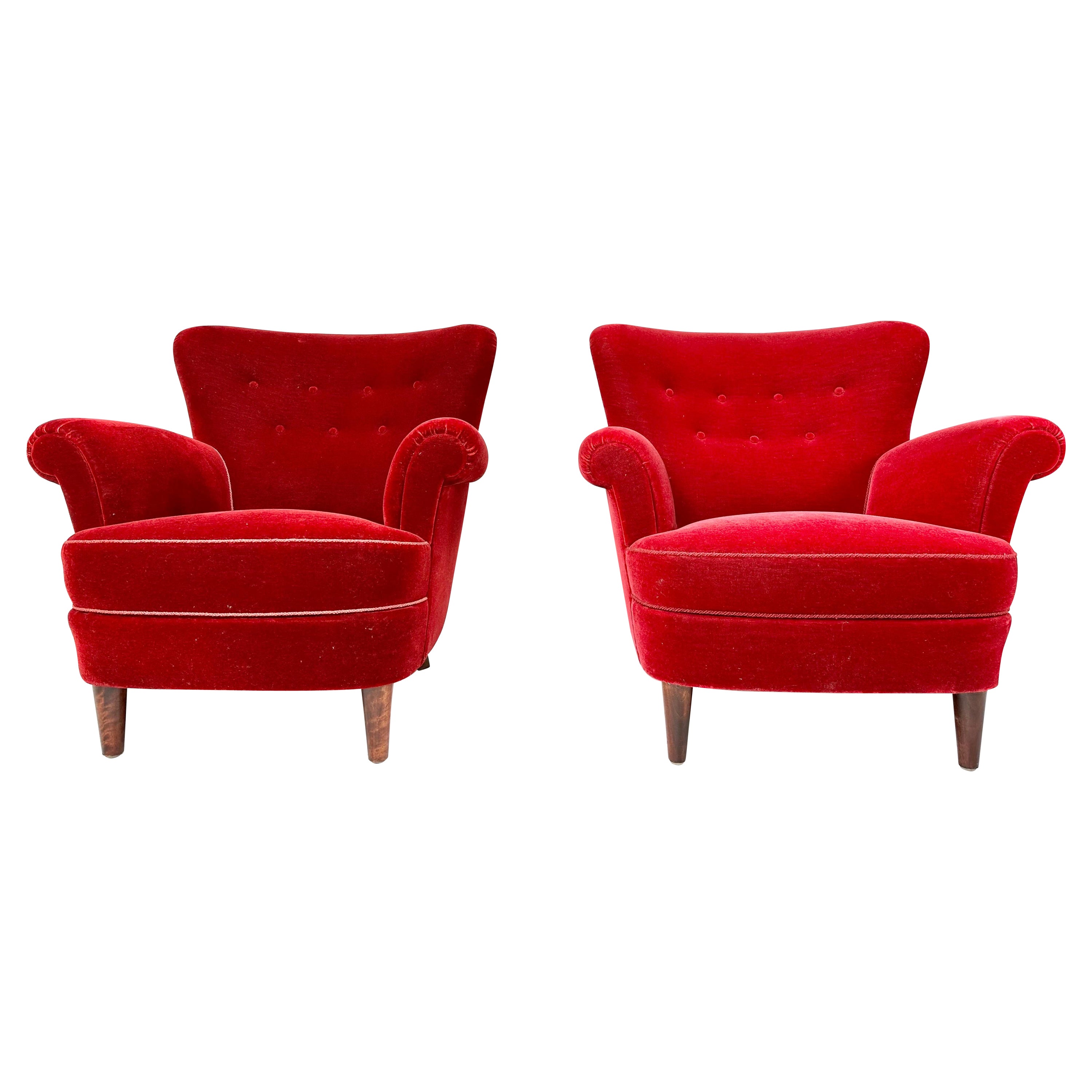 Pair of 1940’s Red Velvet Danish Lounge Chairs 