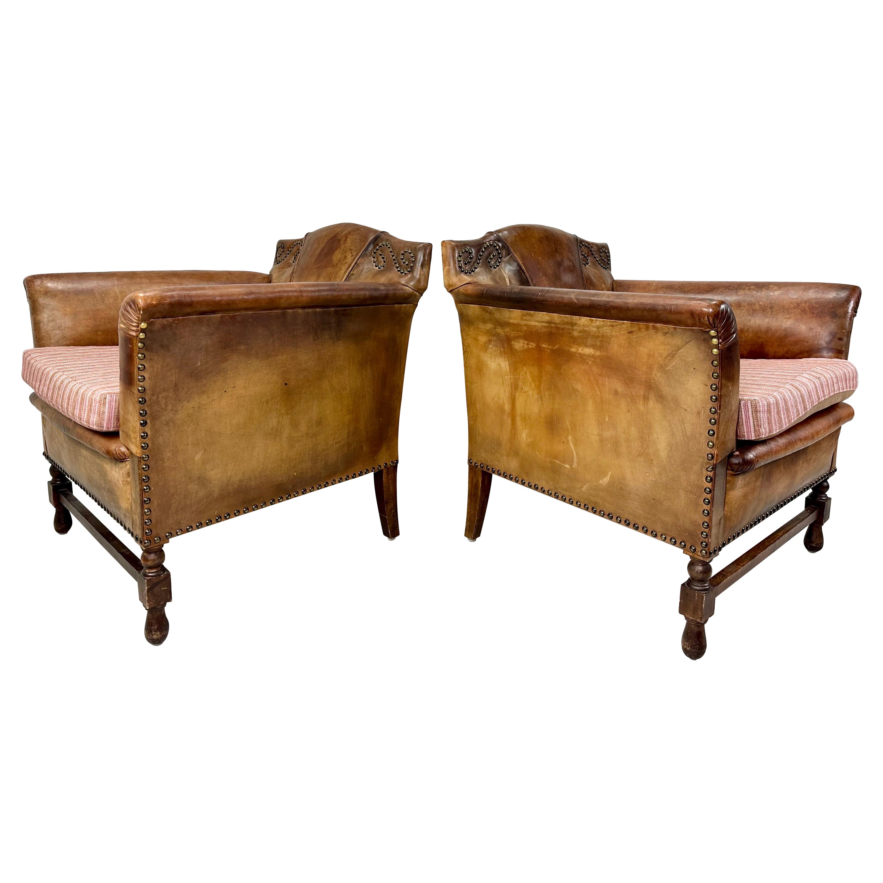 Pair of Early 20th Century European Leather Lounge Chairs For Sale