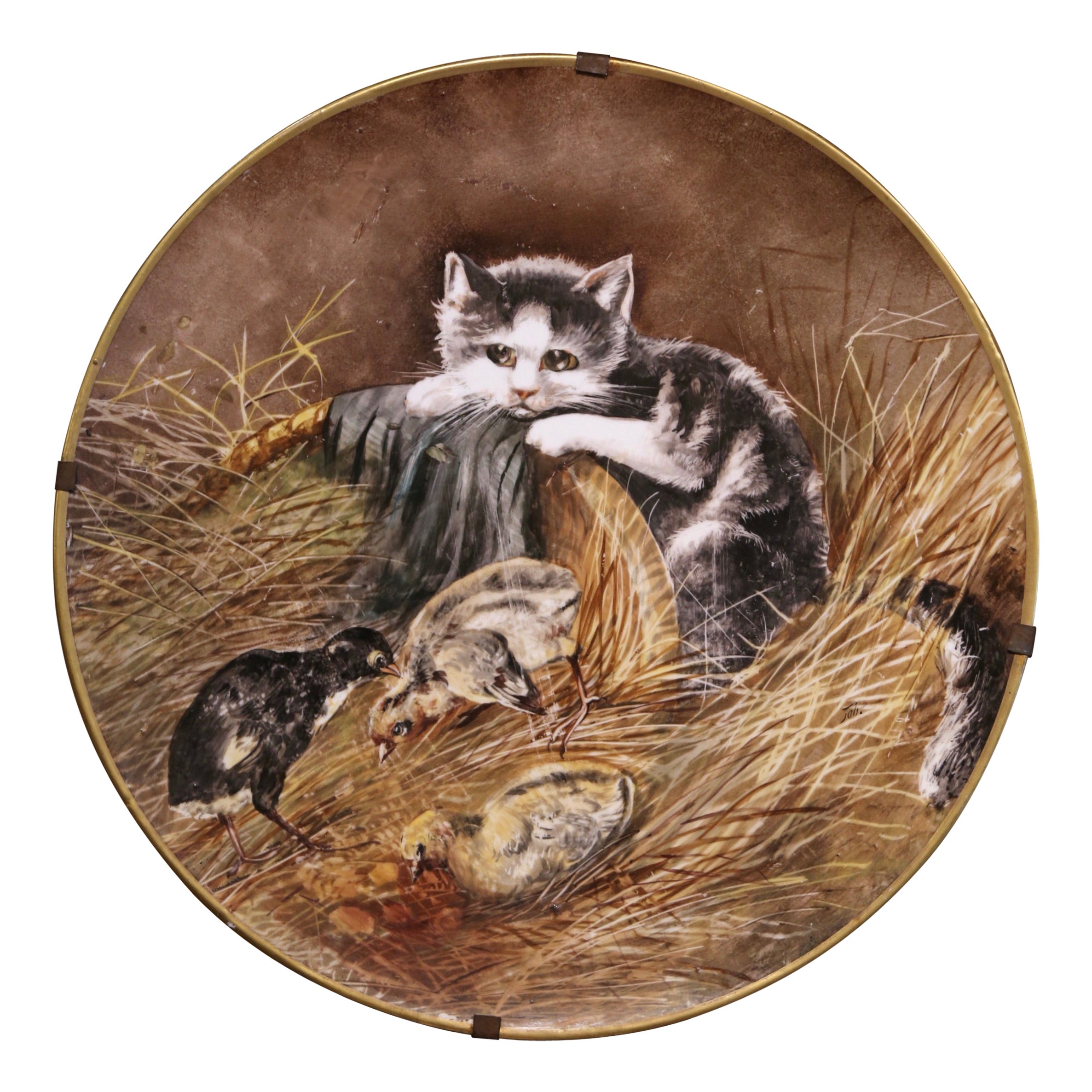  Plat mural en porcelaine peint à la main du 19ème siècle avec chat estampillé J.P. France