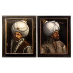 Vintage Pair of 16th C Portraits of Turkish Ottoman Sultans, follower of Paolo Veronese.