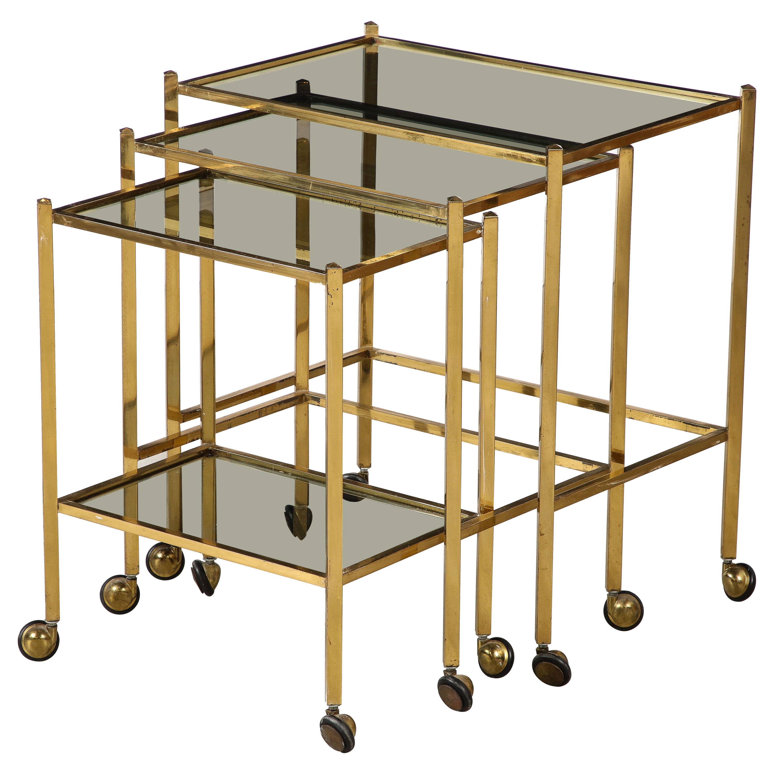 Italian Brass and Smoked Glass Nesting Tables, Italy, circa 1960 For Sale