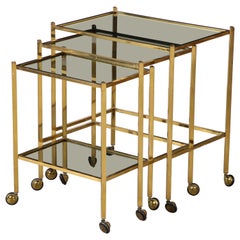 Italian Brass and Smoked Glass Nesting Tables, Italy, circa 1960
