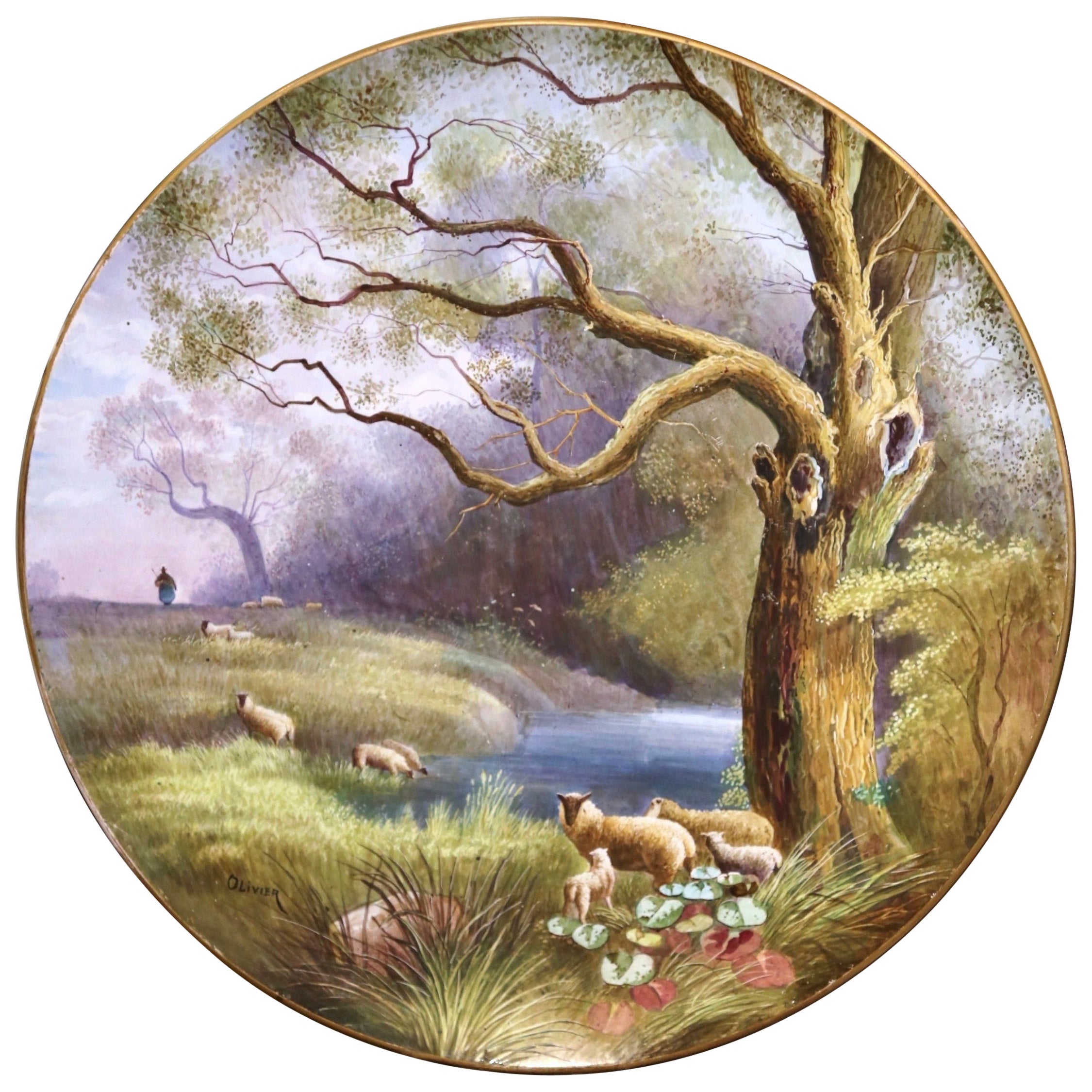  19th Century Hand Painted Porcelain Wall Platter with Sheep Signed Olivier For Sale
