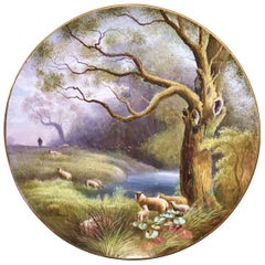 Used  19th Century Hand Painted Porcelain Wall Platter with Sheep Signed Olivier