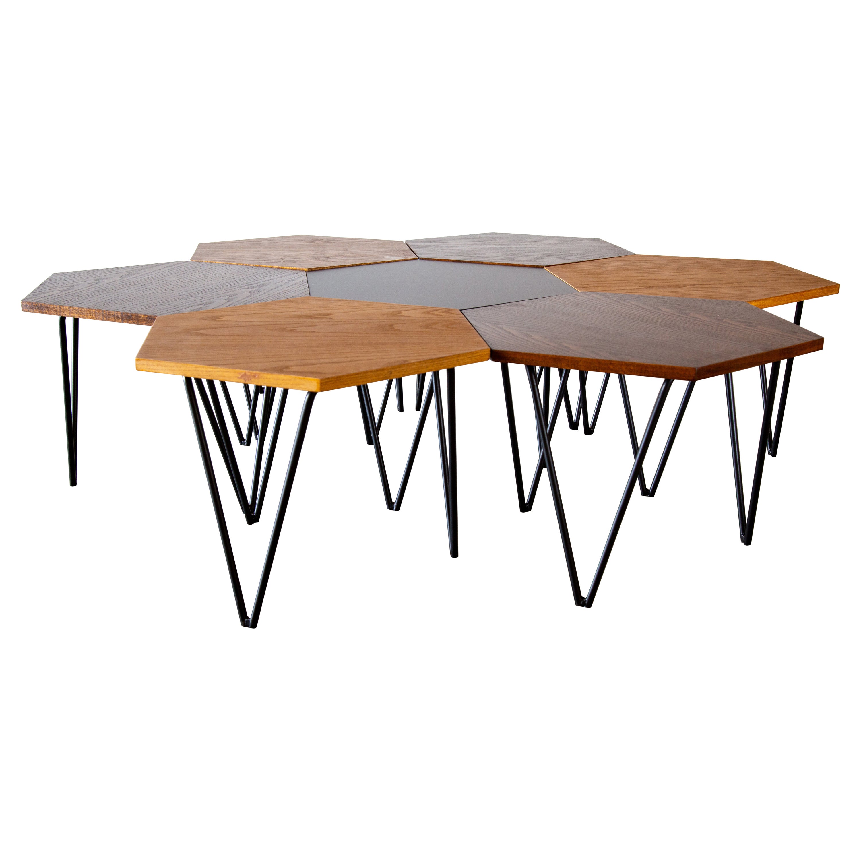 Set of 7  Gio Ponti for ISA Hexagonal tricolor tables, 1950s Laminate Oak Steel For Sale