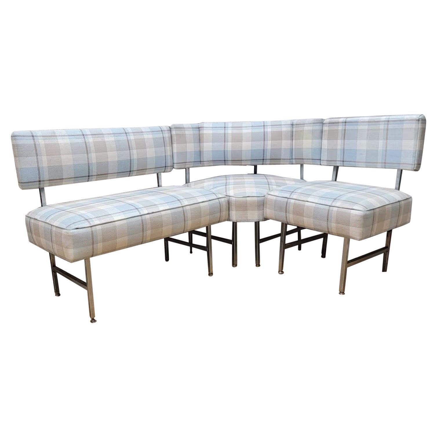 Vintage Modern Corner Dining Banquette in Plaid Fabric  For Sale