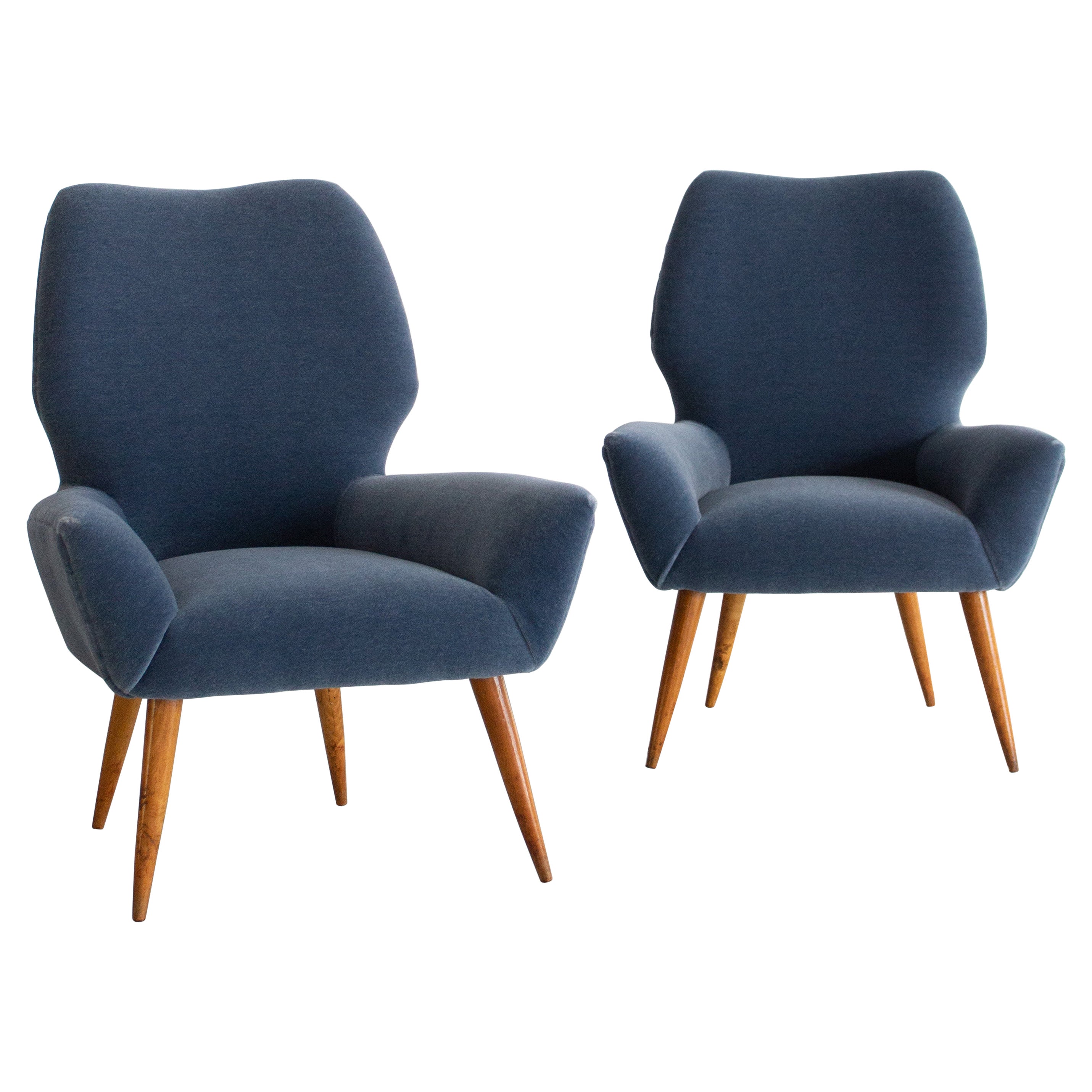 Petite Armchairs in Blue Mohair in the Style of Melchiorre Bega - a Pair For Sale