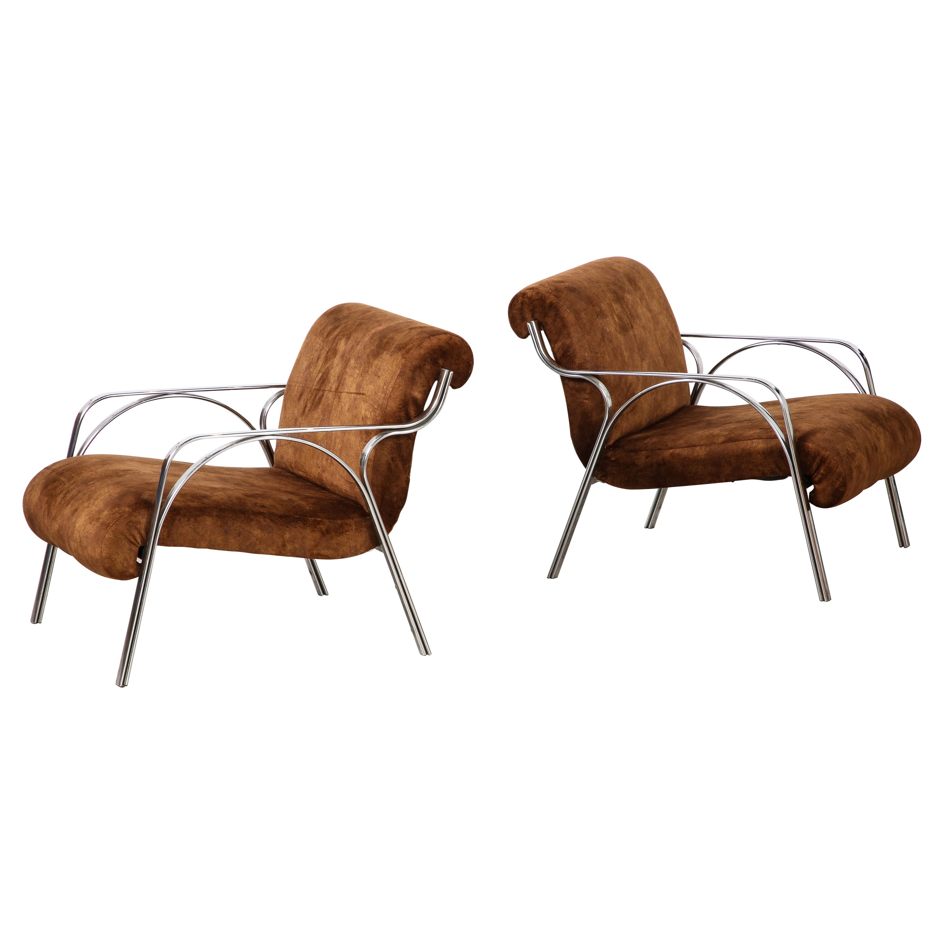 Gianni Moscatelli Pair of Chrome Lounge Chairs, Italy, circa 1970  For Sale
