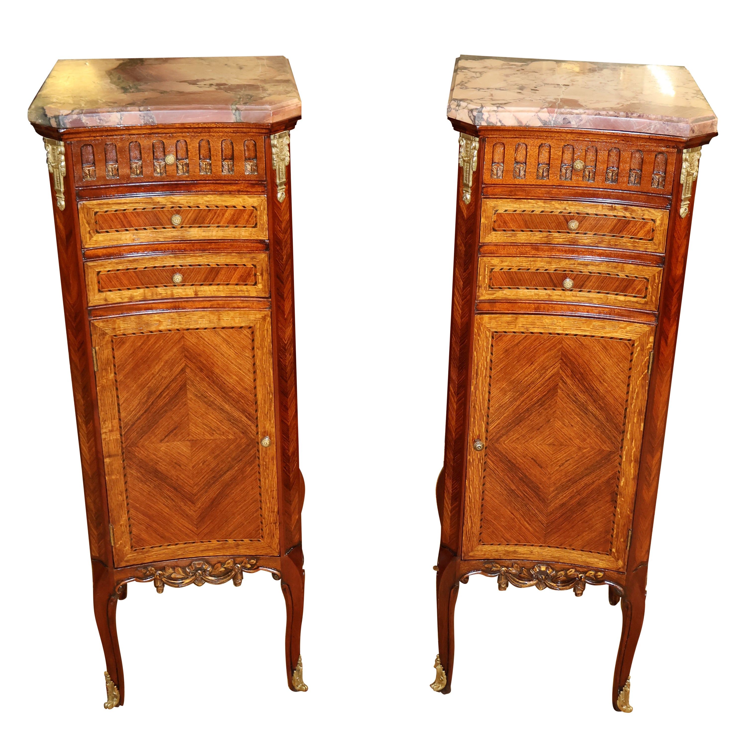 Pair of French Louis XV Style Semainier Lingerie Chest Tall Night Stands For Sale