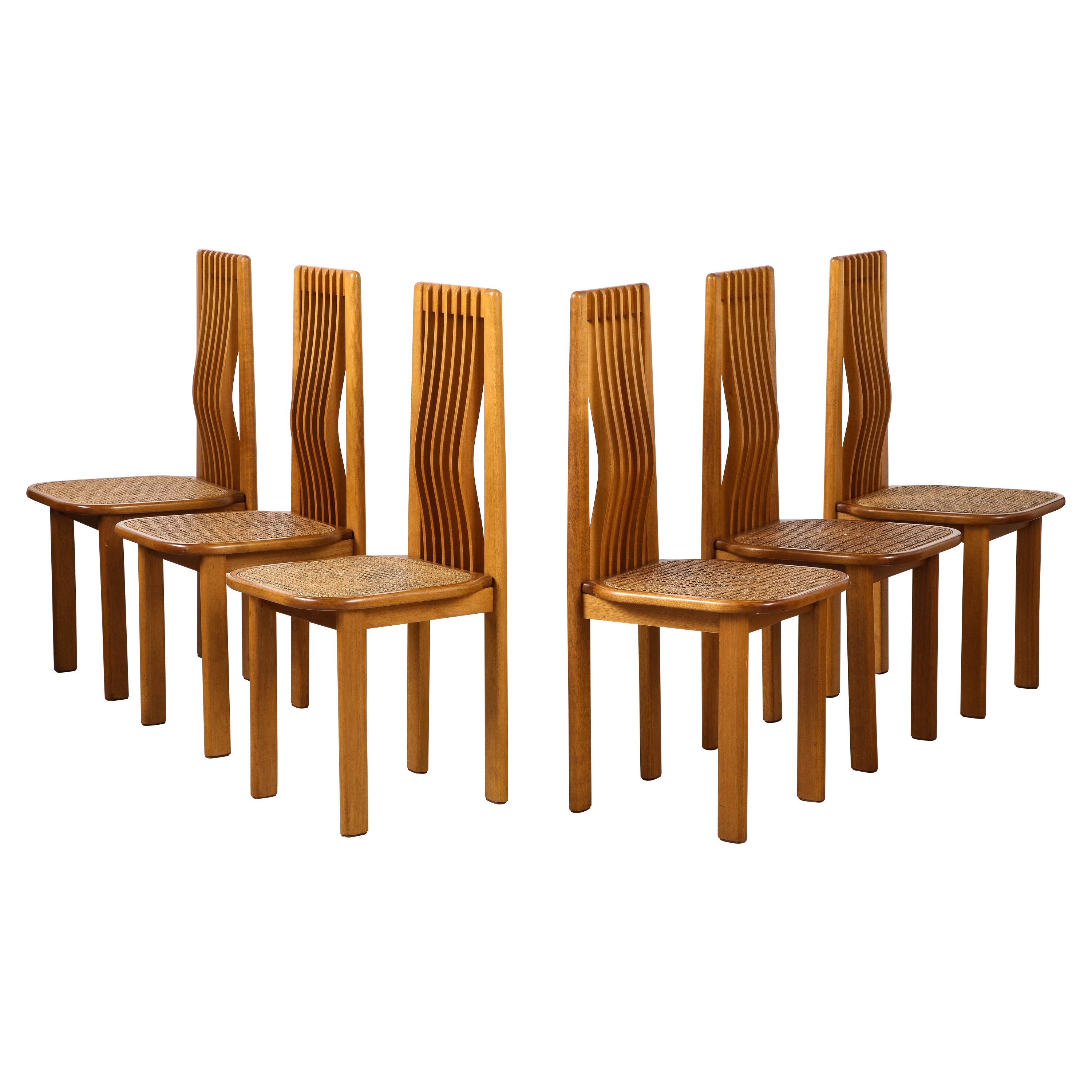 Italian 1970's Set of Six Maple and Cane Dining Chairs, Italy, circa 1970  For Sale