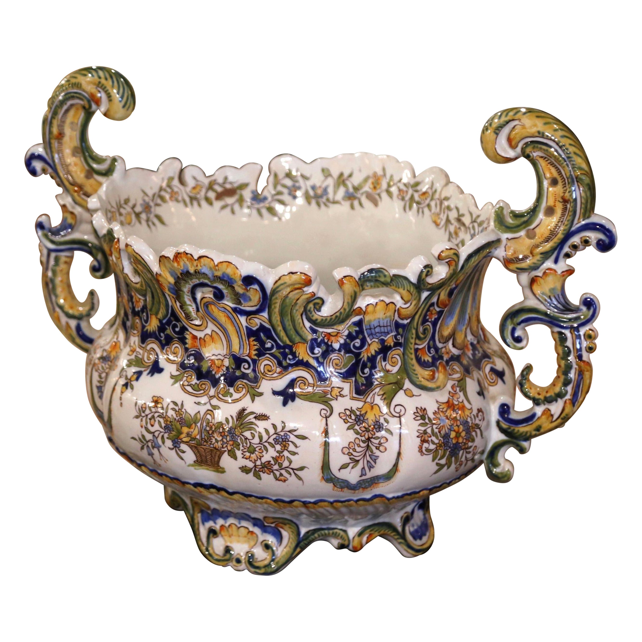 Mid-Century French Louis XV Hand Painted Faience Cache Pot from Rouen For Sale