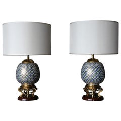 Vintage Marbro Hand Painted Porcelain & Brass Lamps, Italy, c.1960