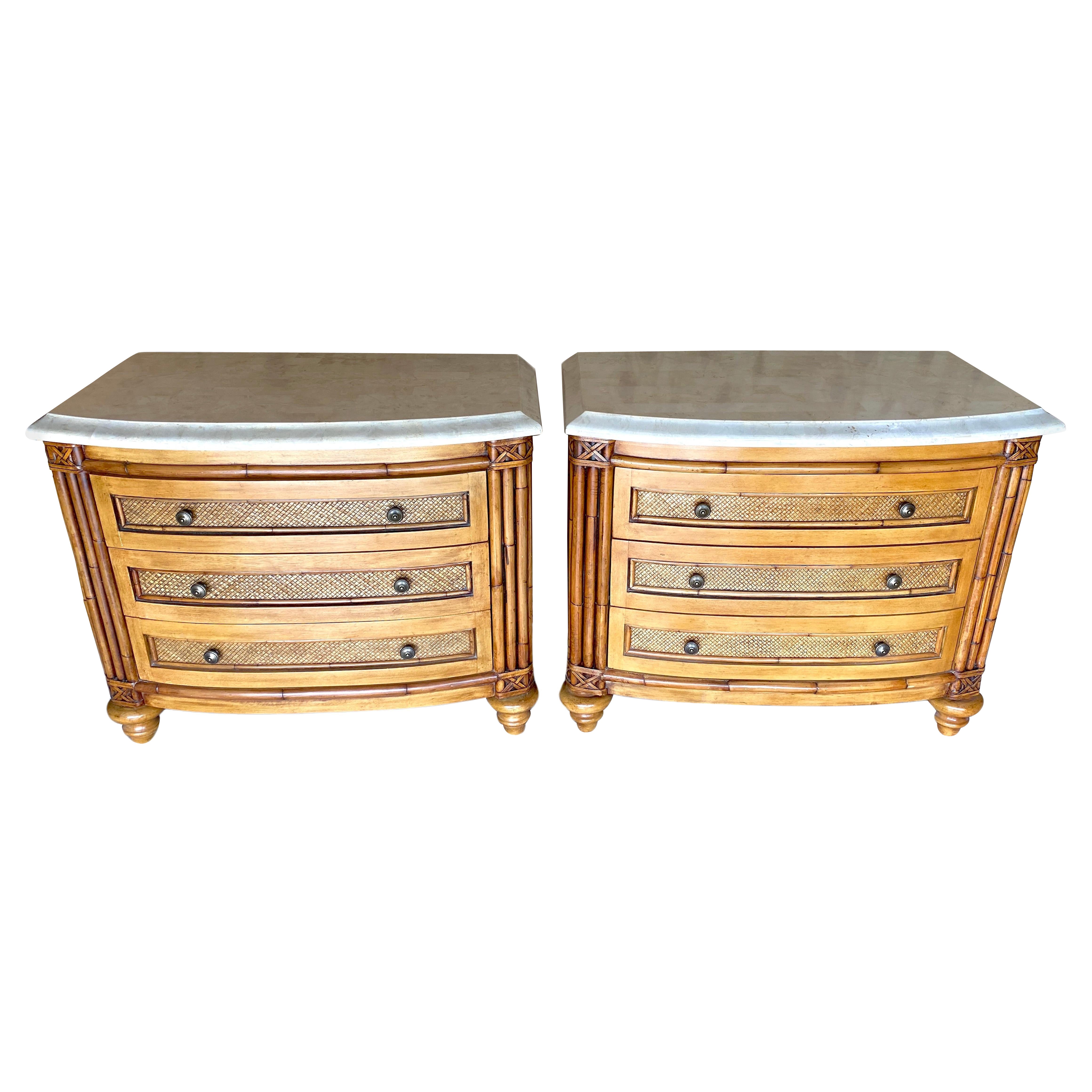 Pair British Colonial Style Bamboo, Rattan, Tessellated StoneChests/Nightstands 