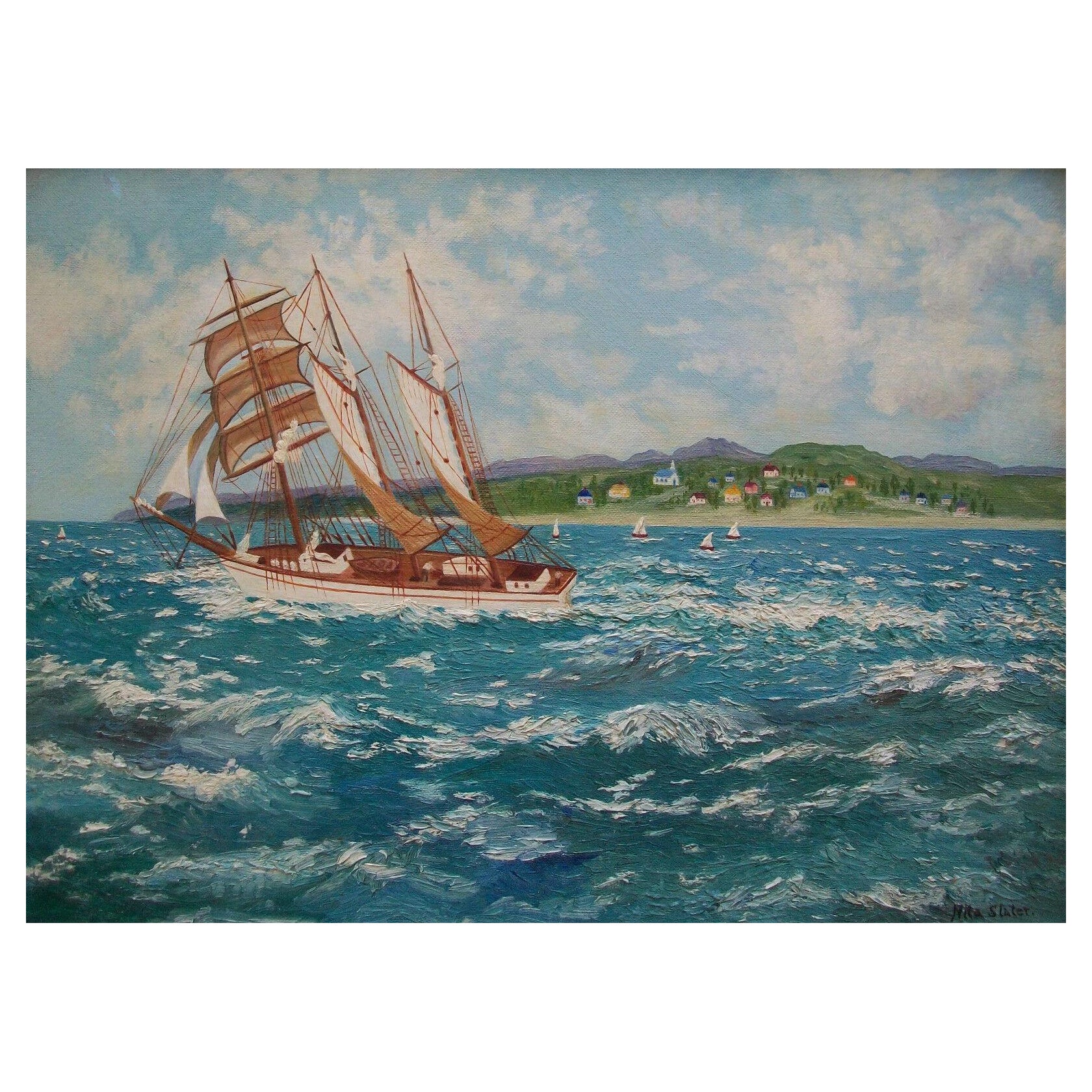 NITA SLATER - "Running Sea" - Folk Art Oil on Panel - Framed - Canada - C. 1954 For Sale