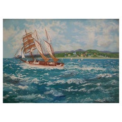 Vintage NITA SLATER - "Running Sea" - Folk Art Oil on Panel - Framed - Canada - C. 1954