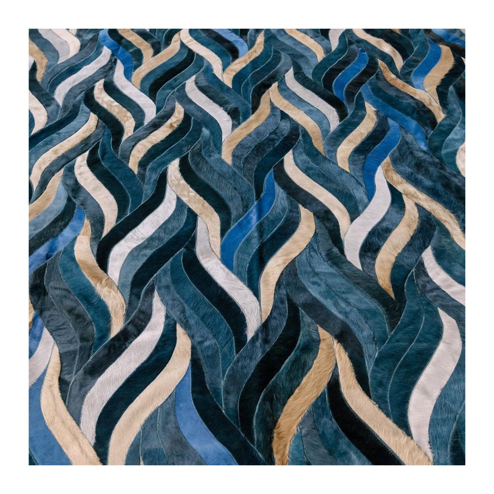 Ocean Inspired Customizable Cowhide Blue Onda Area Rug Small For Sale