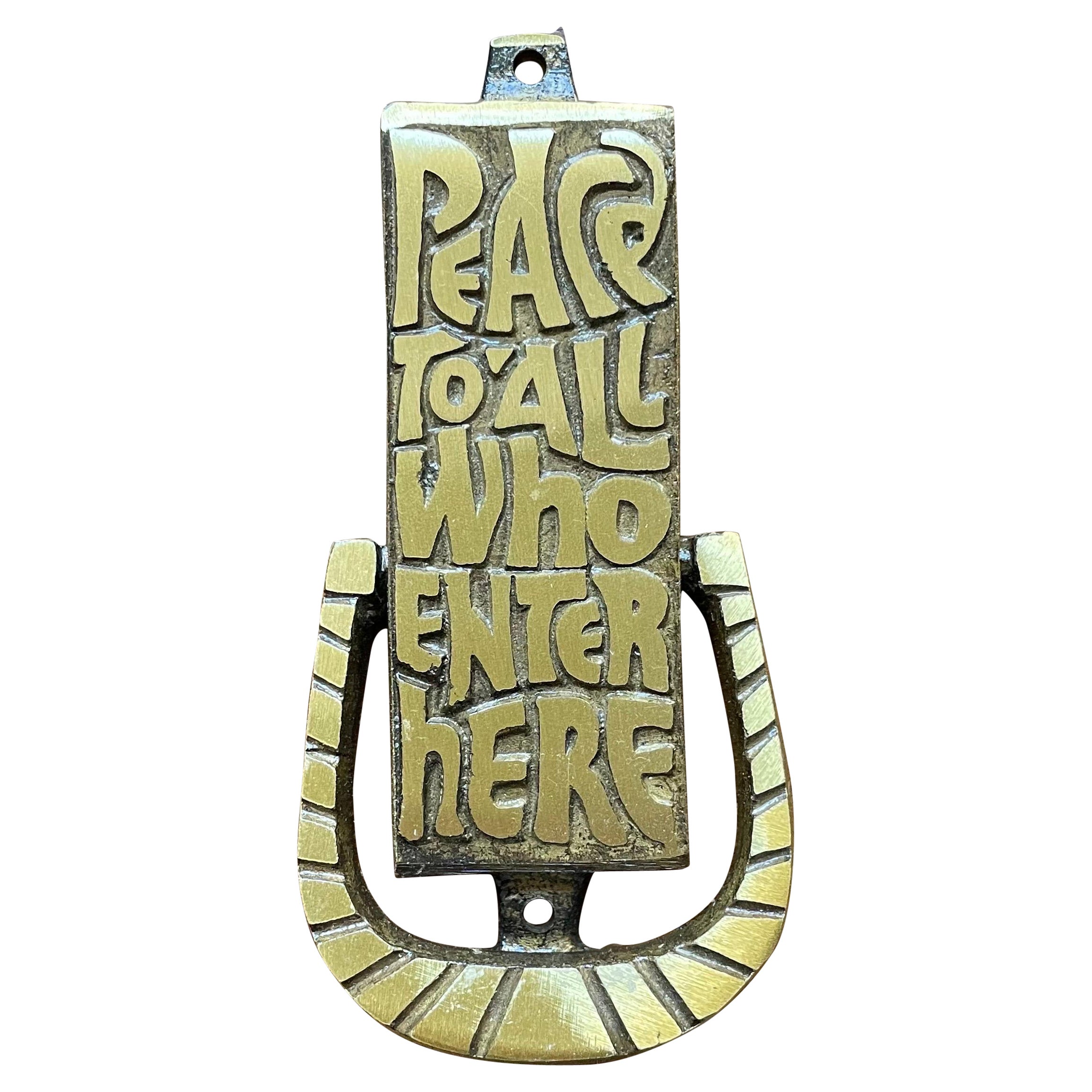Mid Century Bronze Door Knocker "Peace To All Who Enter Here", 1960's For Sale