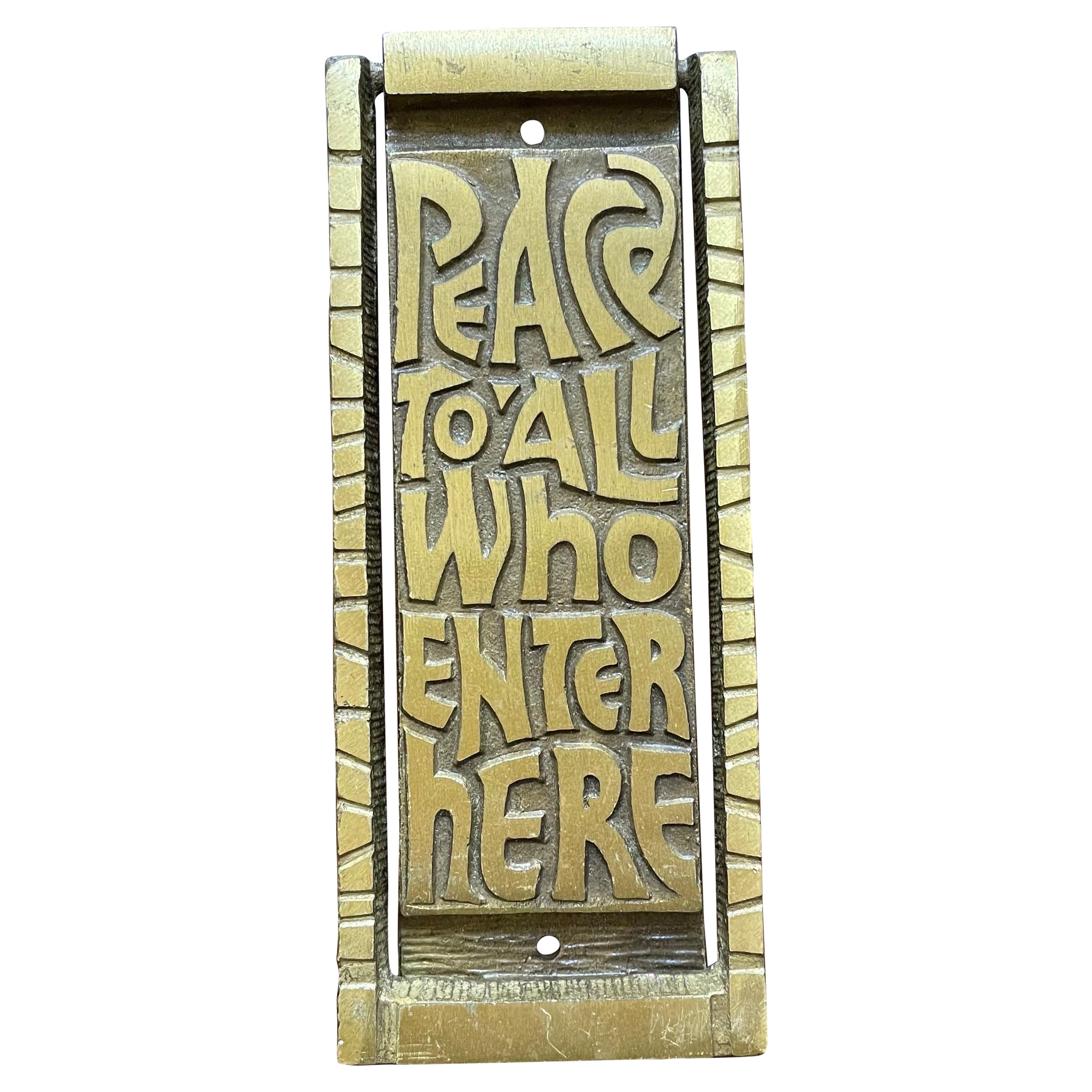 Mid Century Bronze Door Knocker "Peace To All Who Enter Here", 1960's