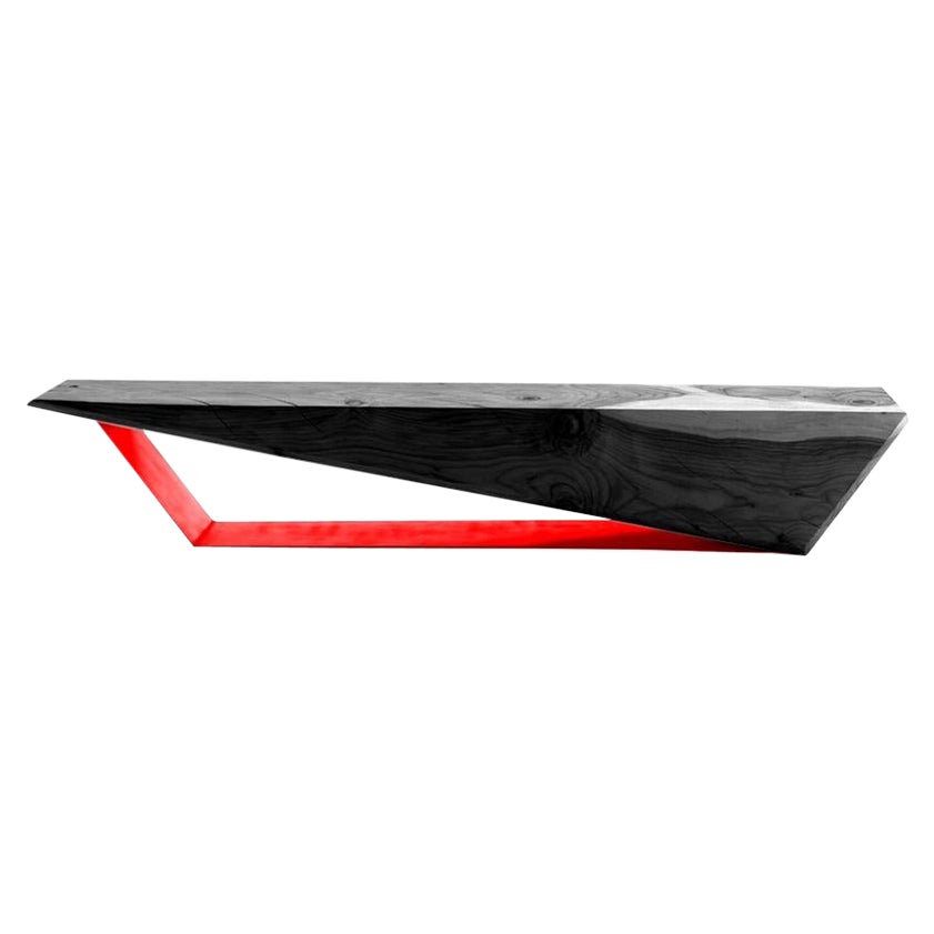 In Stock in LA, Wedge, Black Cedar Wood Bench with Red Iron Base, Made in Italy For Sale