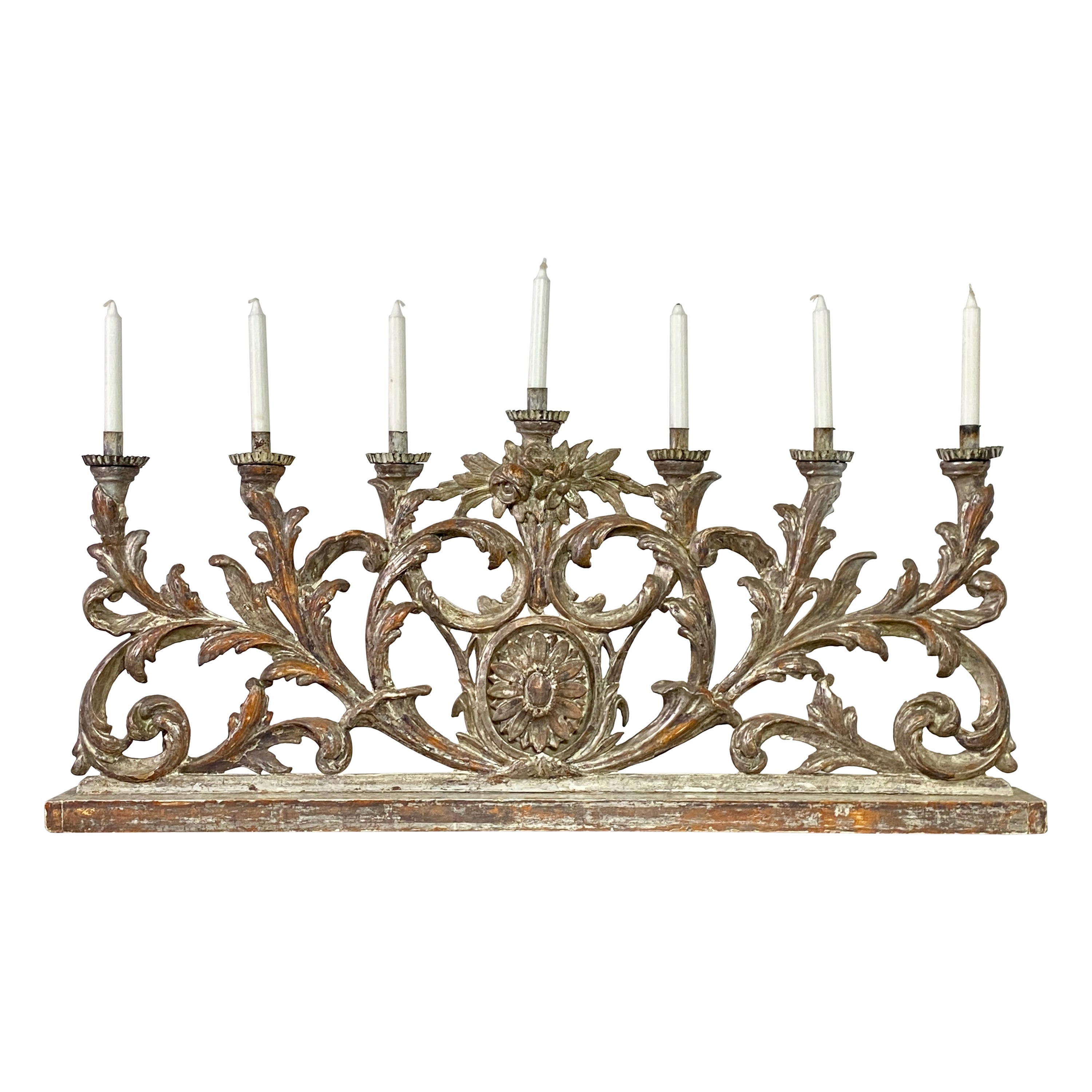 18th Century Italian Carved and Silver Gilt Wood Candleholder For Sale