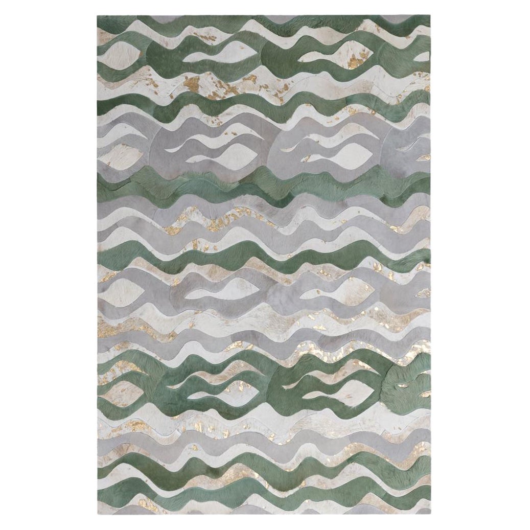 Wavy Pattern Cream Customizable Cowhide Jade Susurro Area Rug XXLarge For Sale