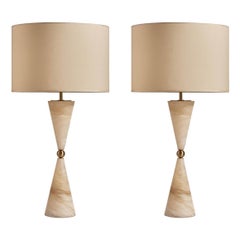 Pair of Elegant Italian Alabaster Table Lamp "Silhouette", Satin Brass