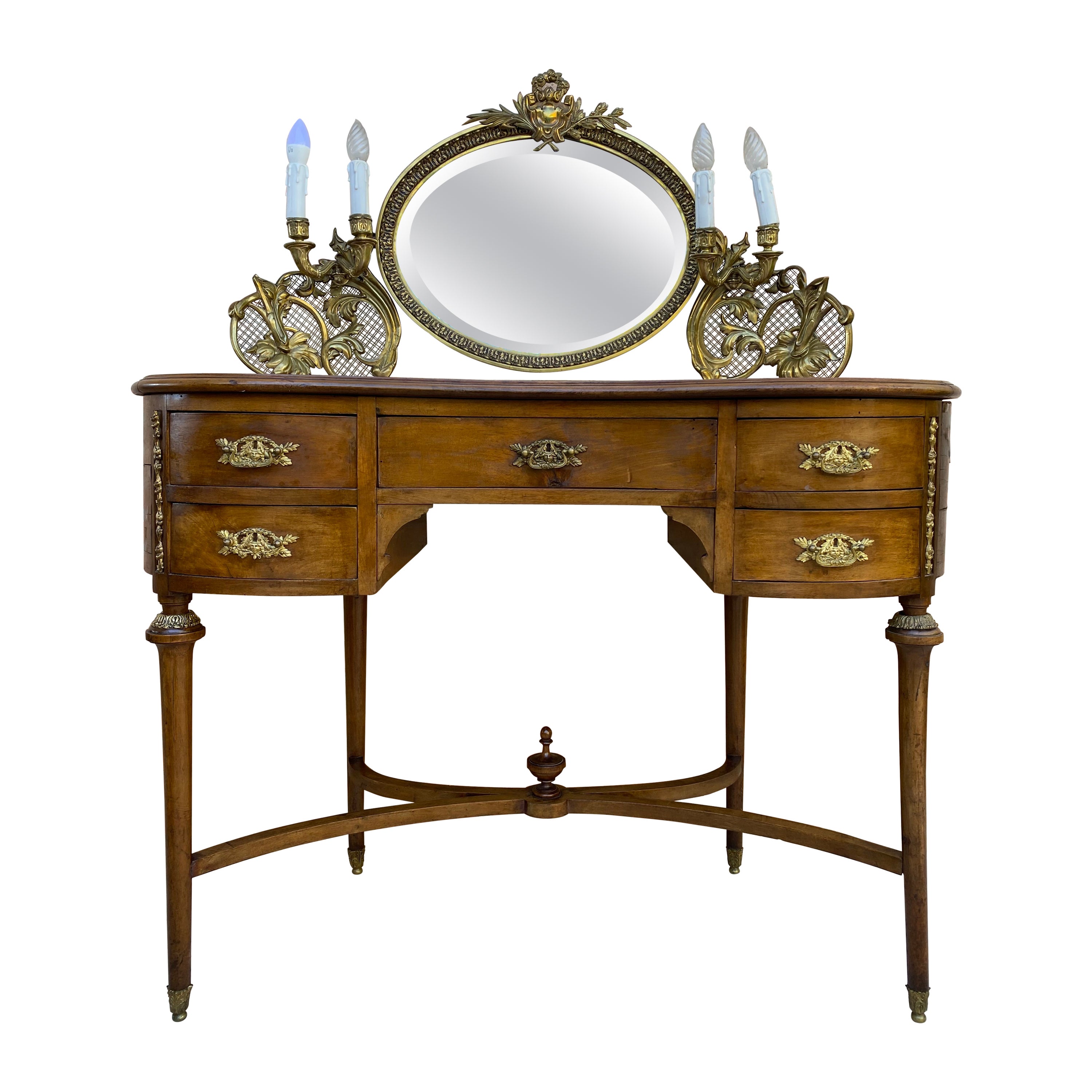 French Walnut and Bronze Vanity with Candelabra Arms For Sale