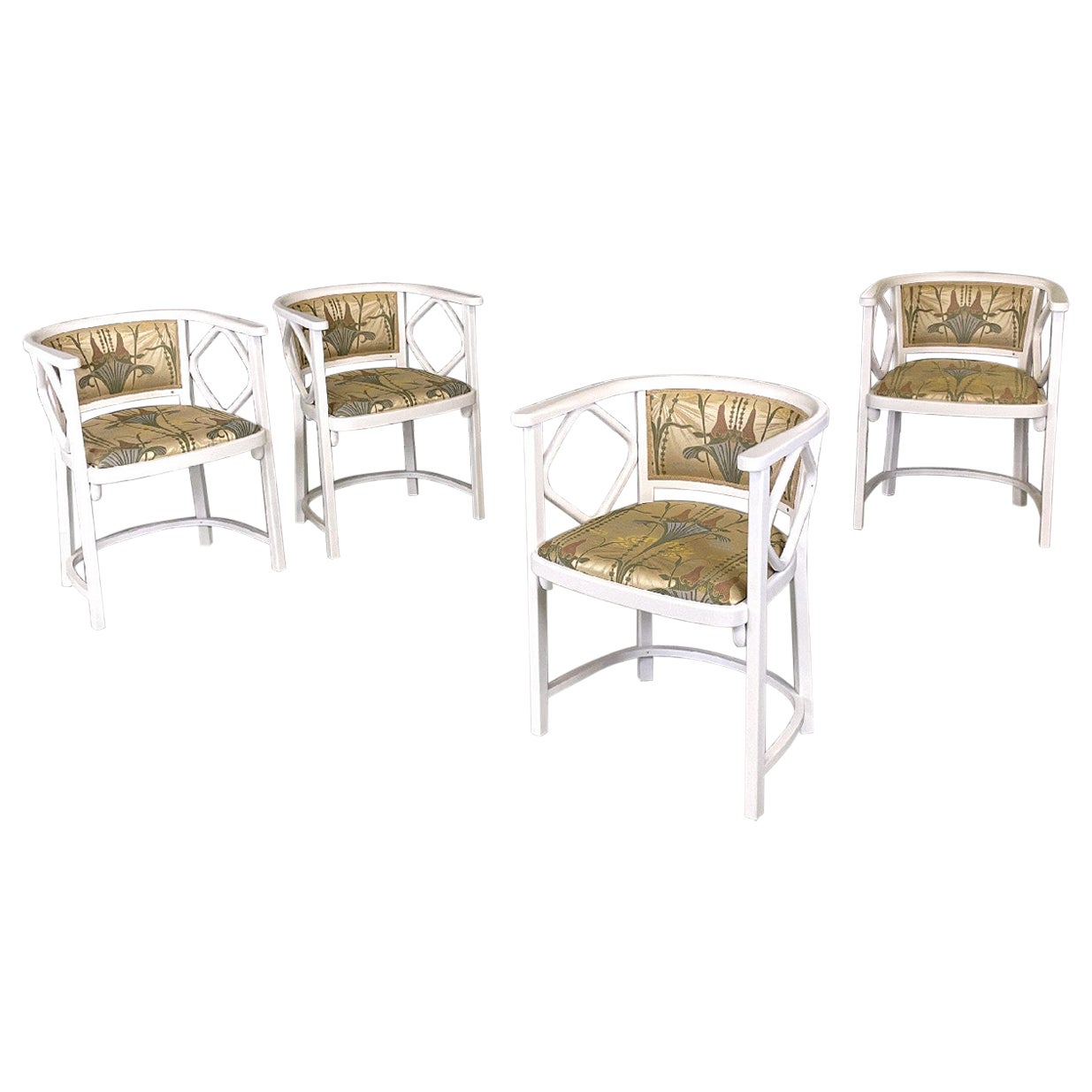 Austrian modern white wood fabric tub chairs Joseph Hoffmann for Thonet, 1970s For Sale