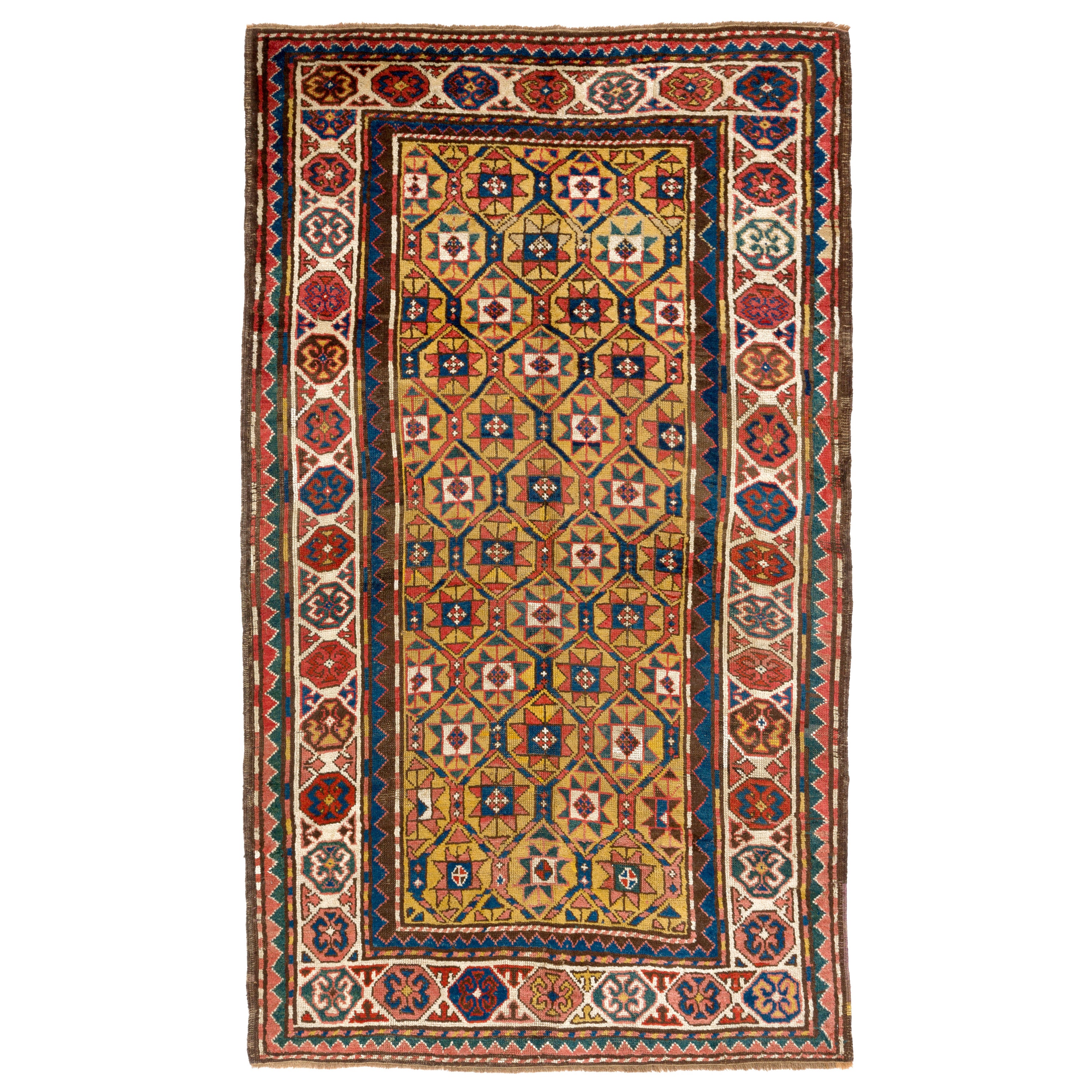 Antiker kaukasischer Kazak-Teppich mit gelbem Feld, 4x7 Fuß, ca. 1880