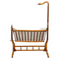 Used French Spindled 19th Century Walnut Decorative Cradle, Swan Motif