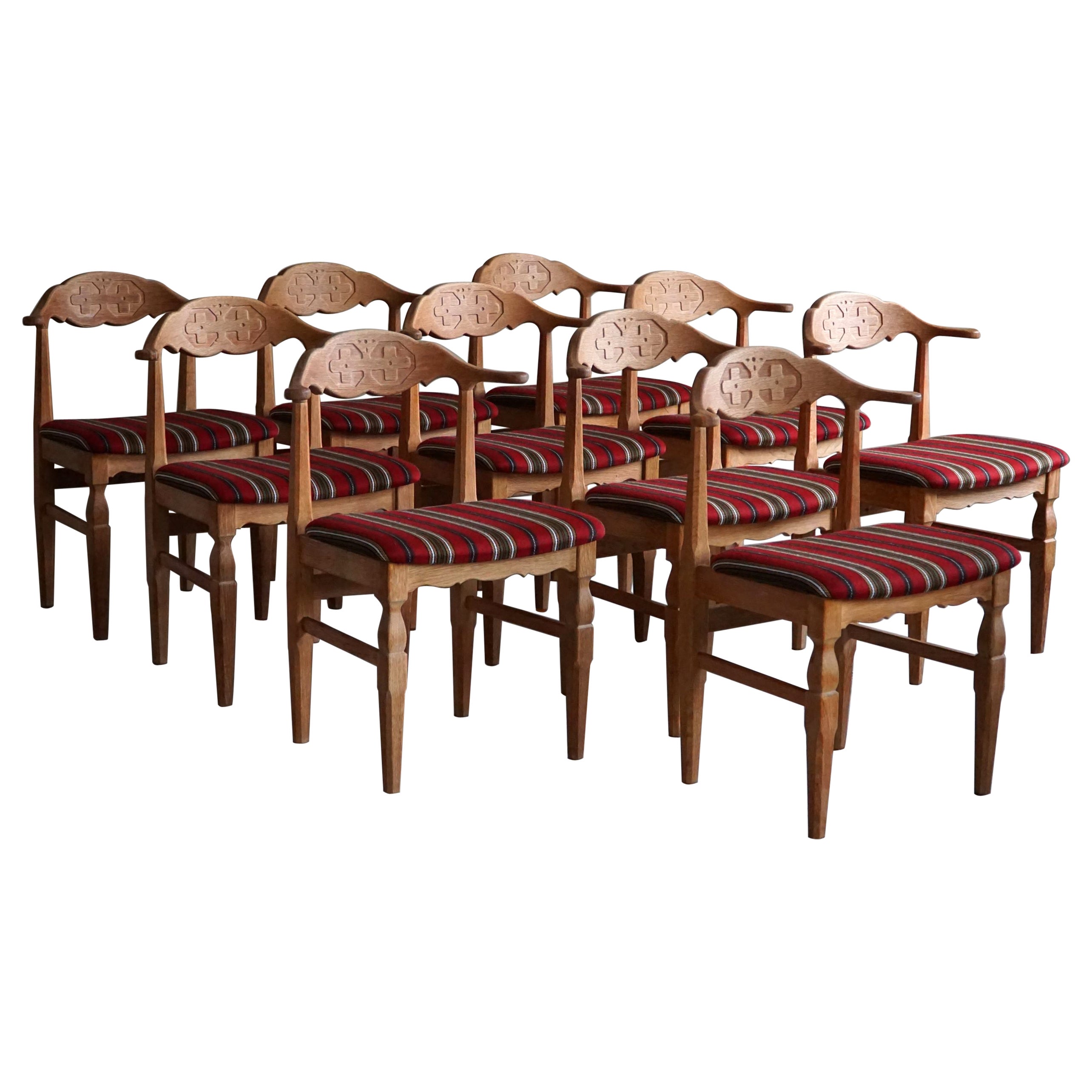 Danish Modern, Set of 10 Dining Chairs in Oak & Wool, Henning Kjærnulf, 1960s For Sale