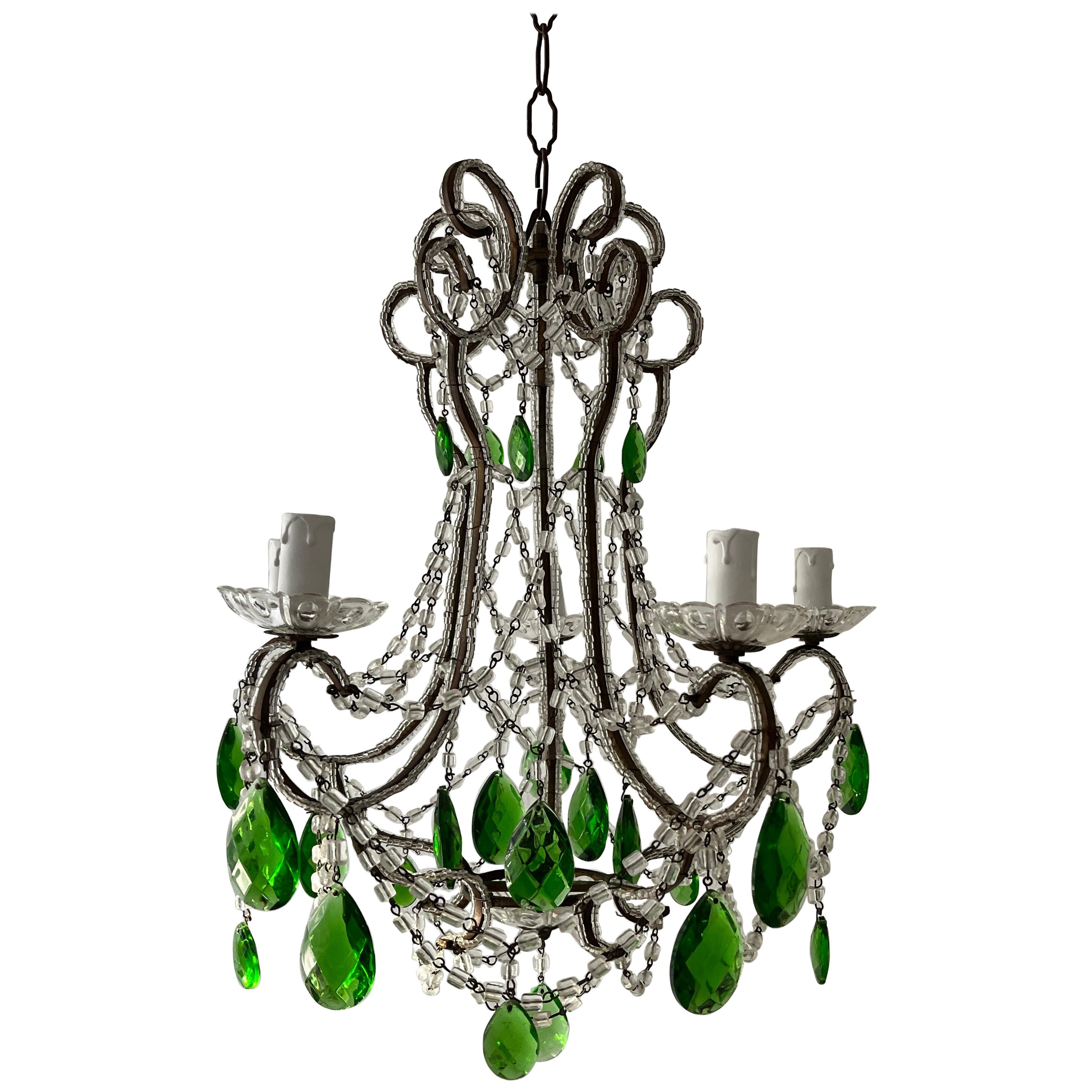French Green Prisms Loaded Macaroni Beads Beaded Chandelier, 1920s  For Sale