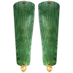 Large Contemporary Pair of Brass and Green Gold Leaf Murano Glass Sconces, Italy