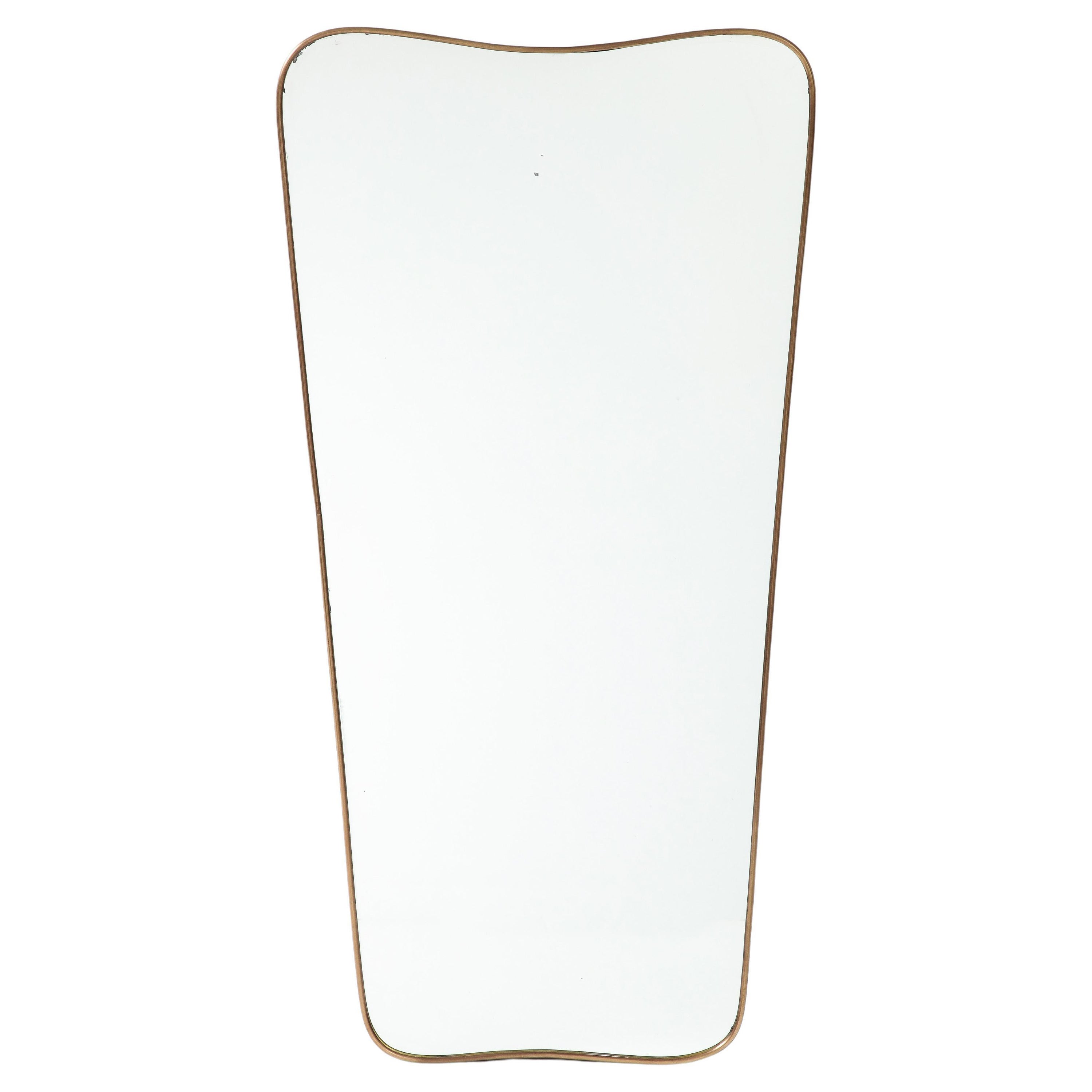 1950s Italian Modernist Large Shaped Brass Mirror For Sale