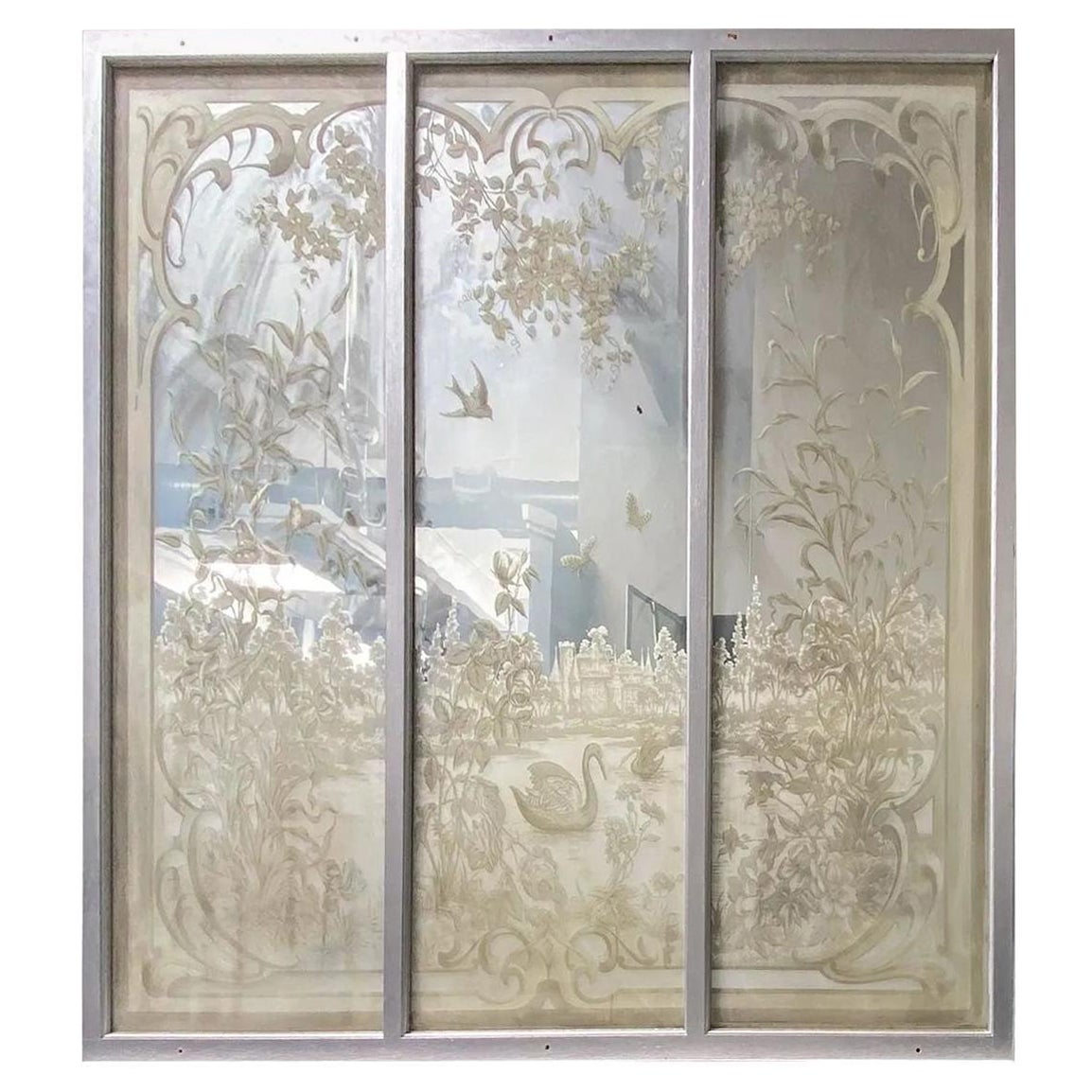 Large French Etched Antique Wall Mirror. For Sale