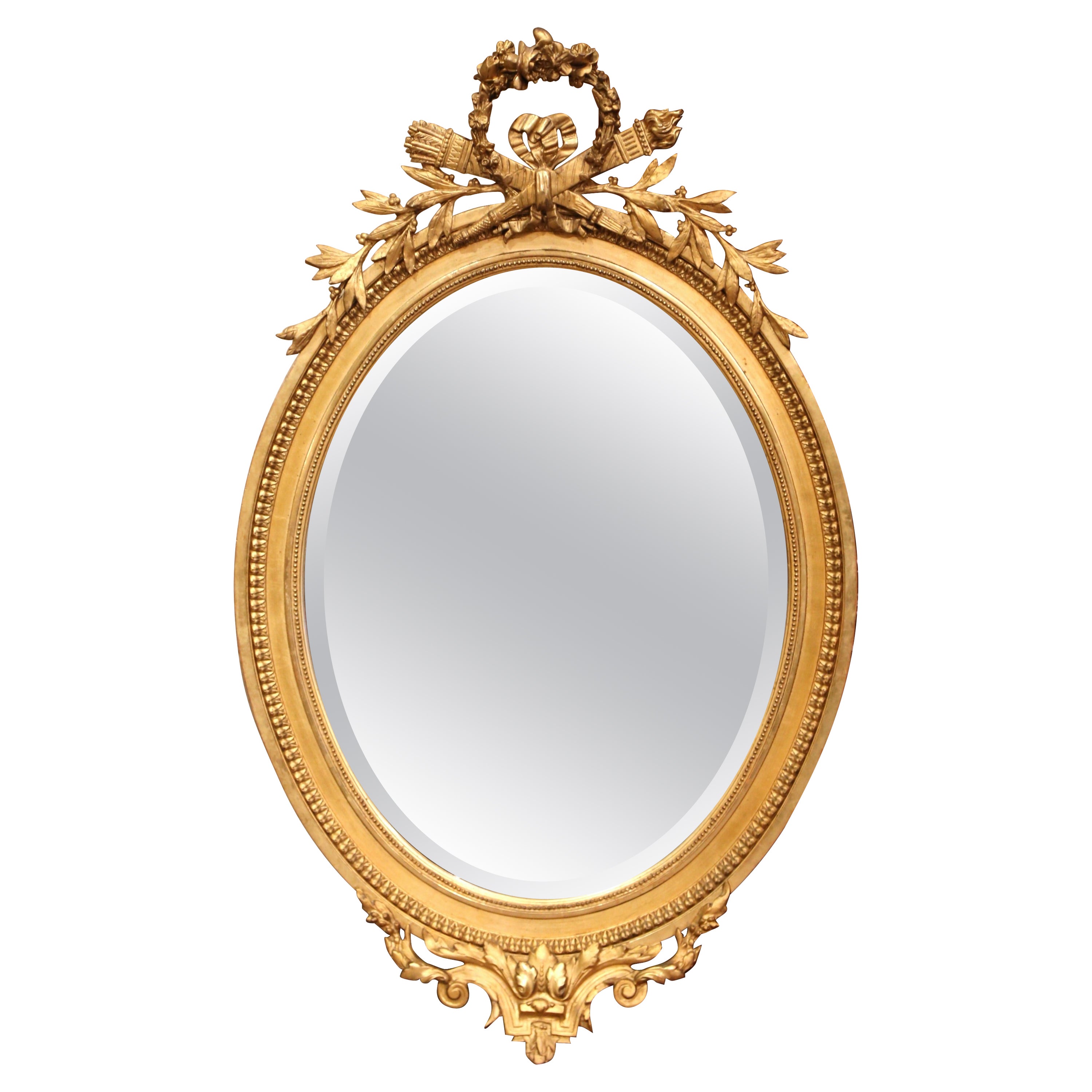 19th Century French Louis XVI Carved Giltwood Oval Beveled Glass Wall Mirror For Sale
