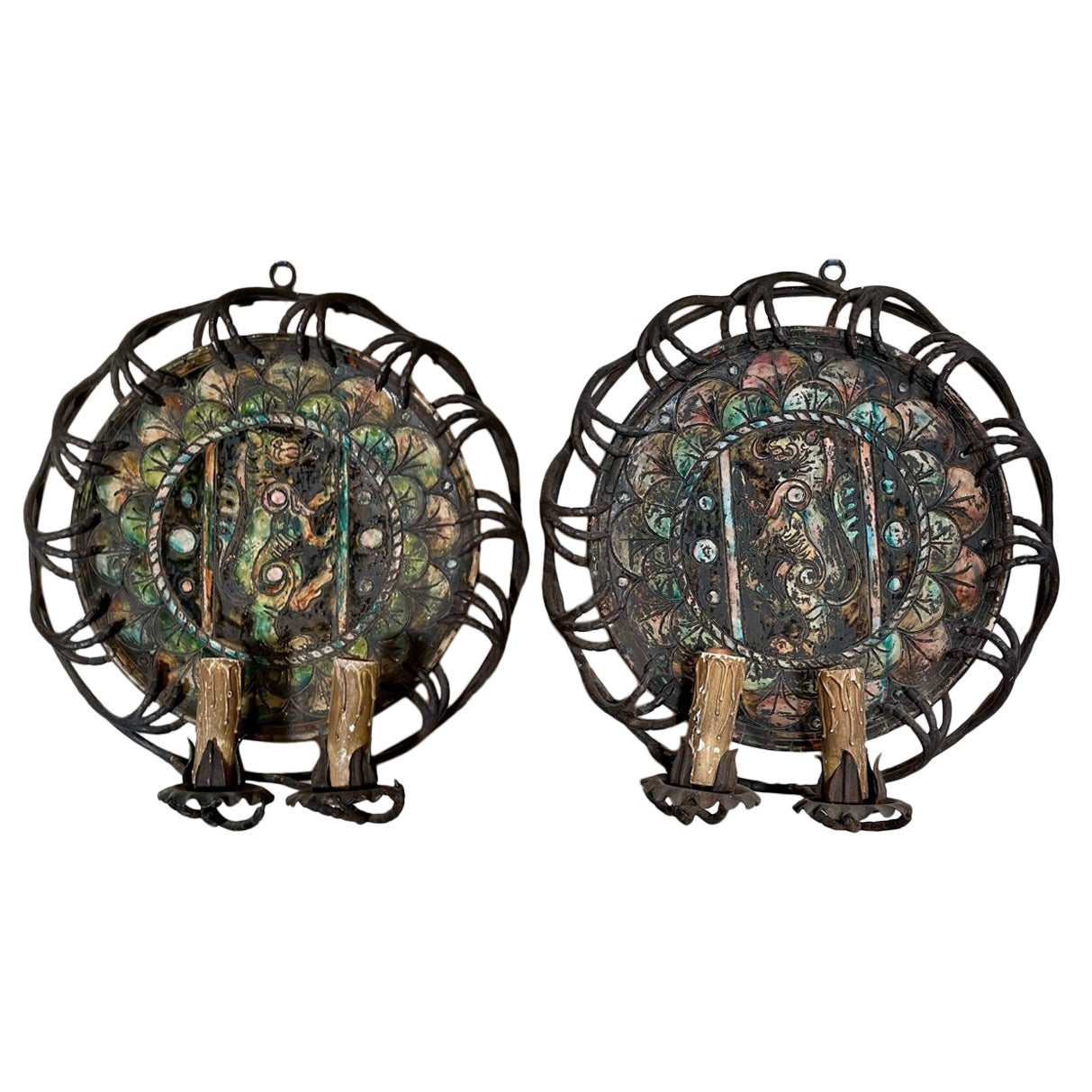 Pair Antique English Majolica Wall Lights with Hand-Wrought Iron Mounts Ca. 1880 For Sale
