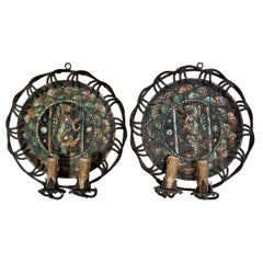 Pair Antique English Majolica Wall Lights with Hand-Wrought Iron Mounts Ca. 1880