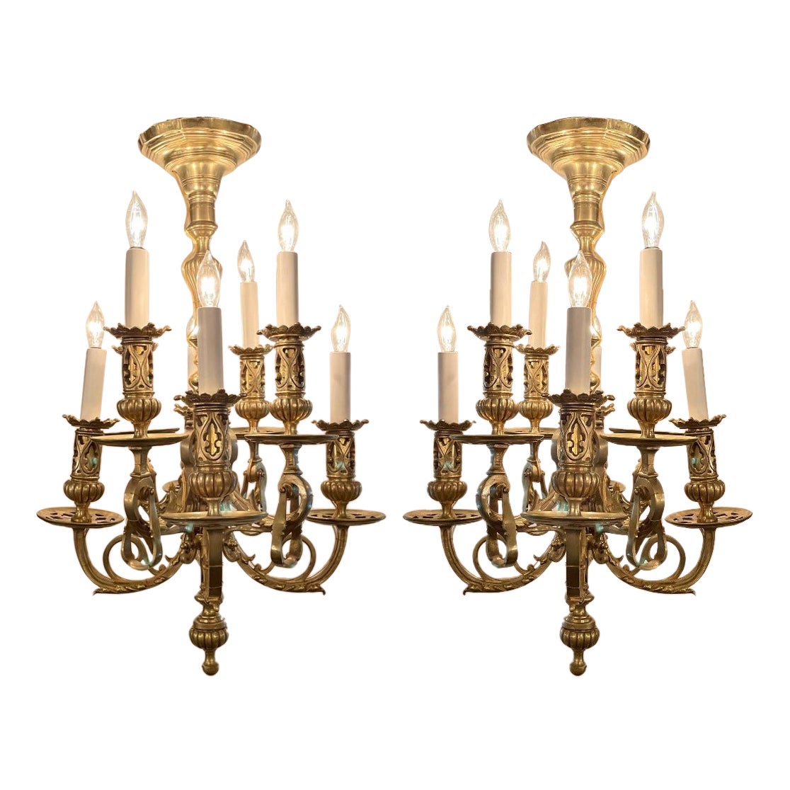 Pair Antique French Louis XIII Style Gold Bronze Chandeliers circa 1860-1870