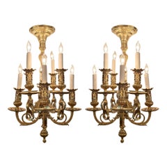 Pair Antique French Louis XIII Style Gold Bronze Chandeliers circa 1860-1870