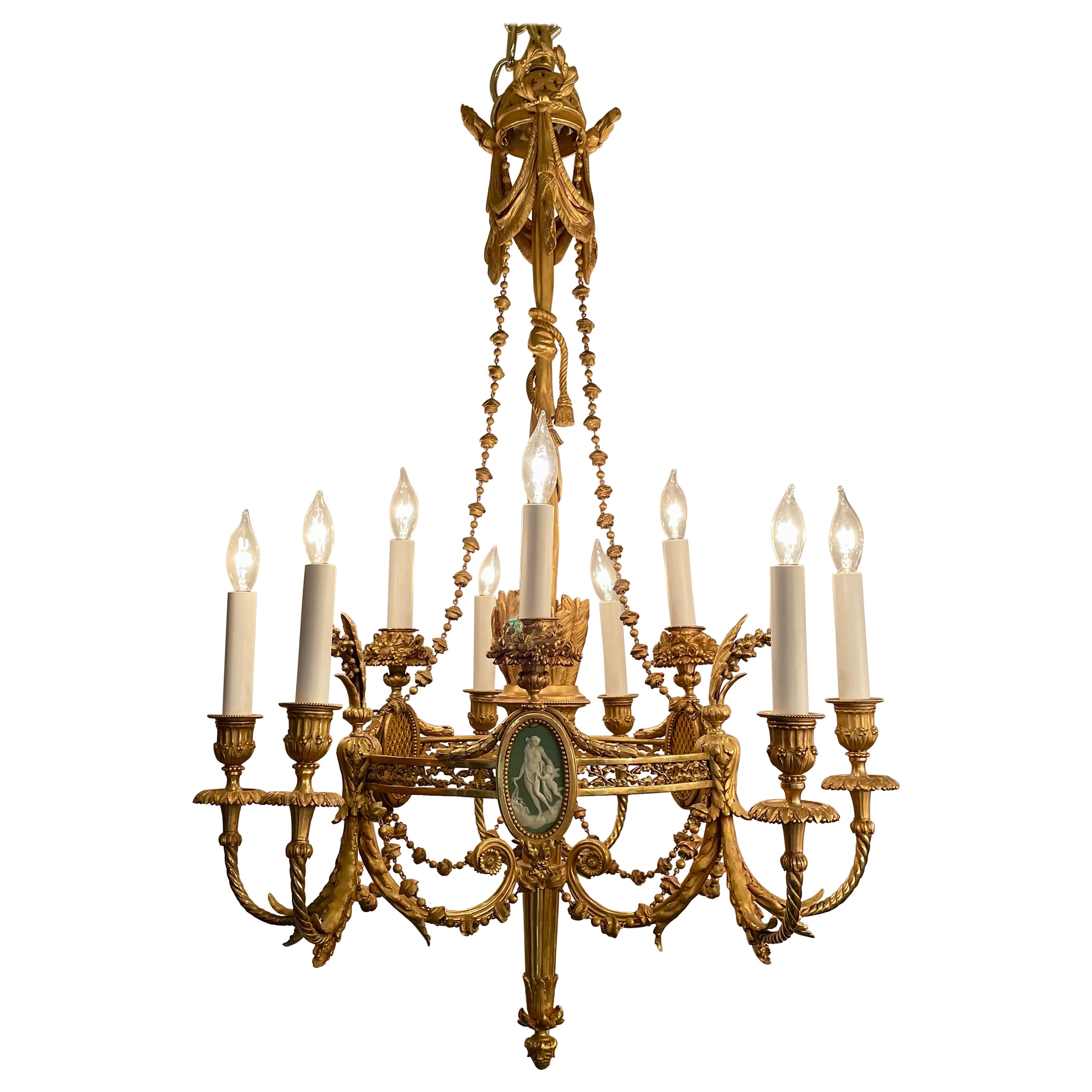 Antique French Louis XVI Gold Bronze Chandelier with Wedgwood Mounts, Circa 1880