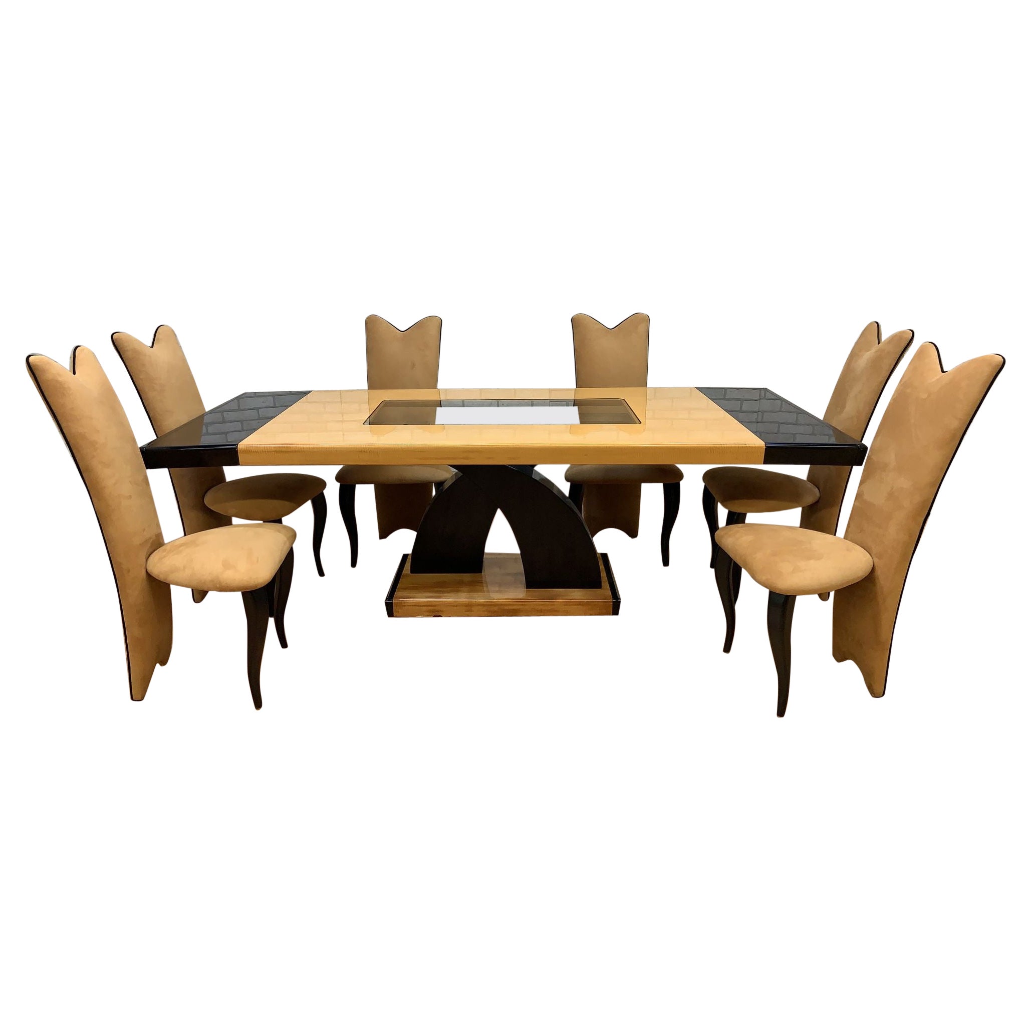 Art Deco Glass Extending Dining Table with High Back Dining Chairs - 9 Piece Set For Sale
