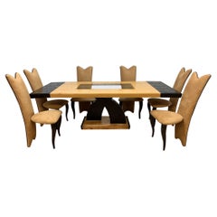 Art Deco Glass Extending Dining Table with High Back Dining Chairs - 9 Piece Set
