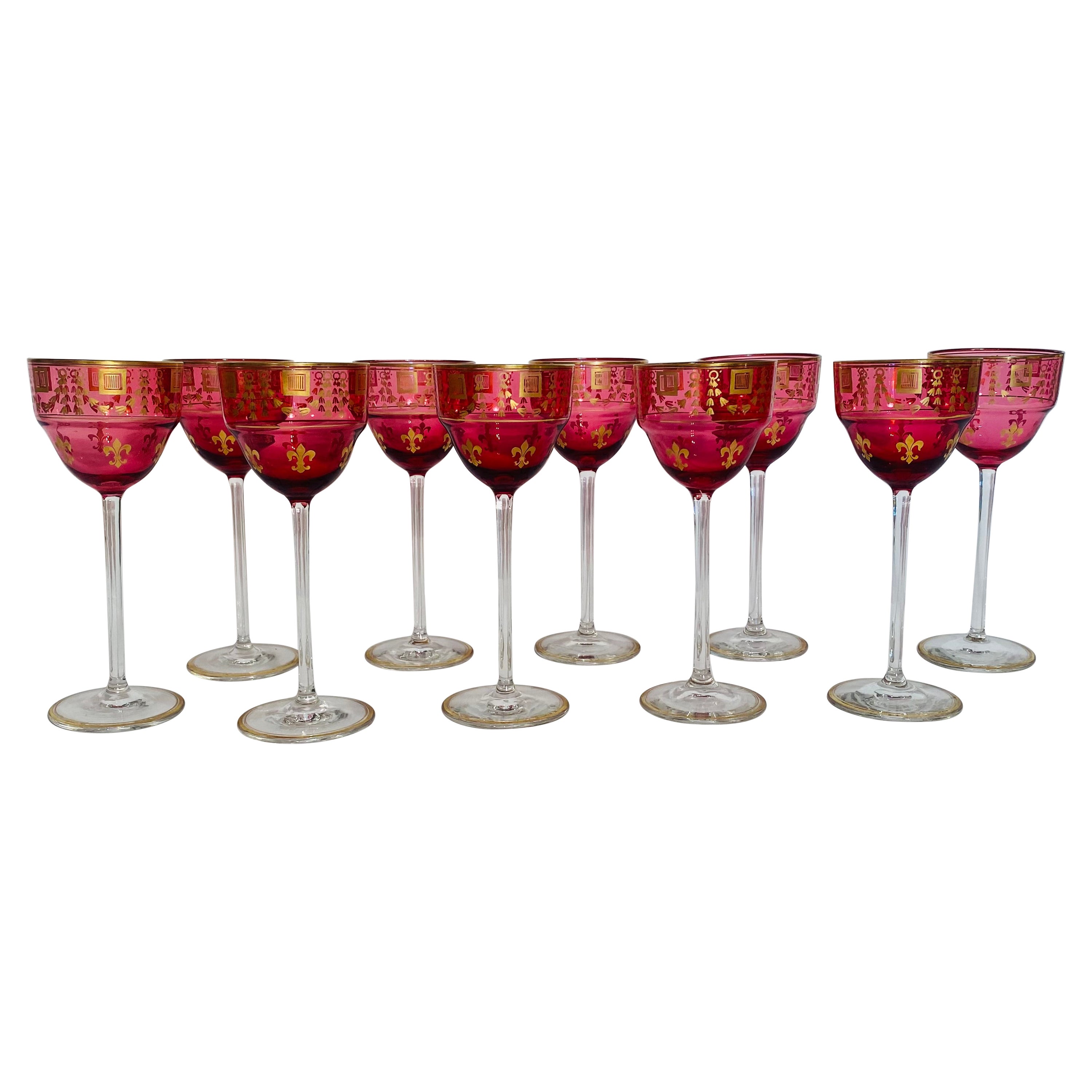A Set of 10 Ruby Gilt Wine Glasses, Antique French Circa 1900. Fleur de Lis  For Sale