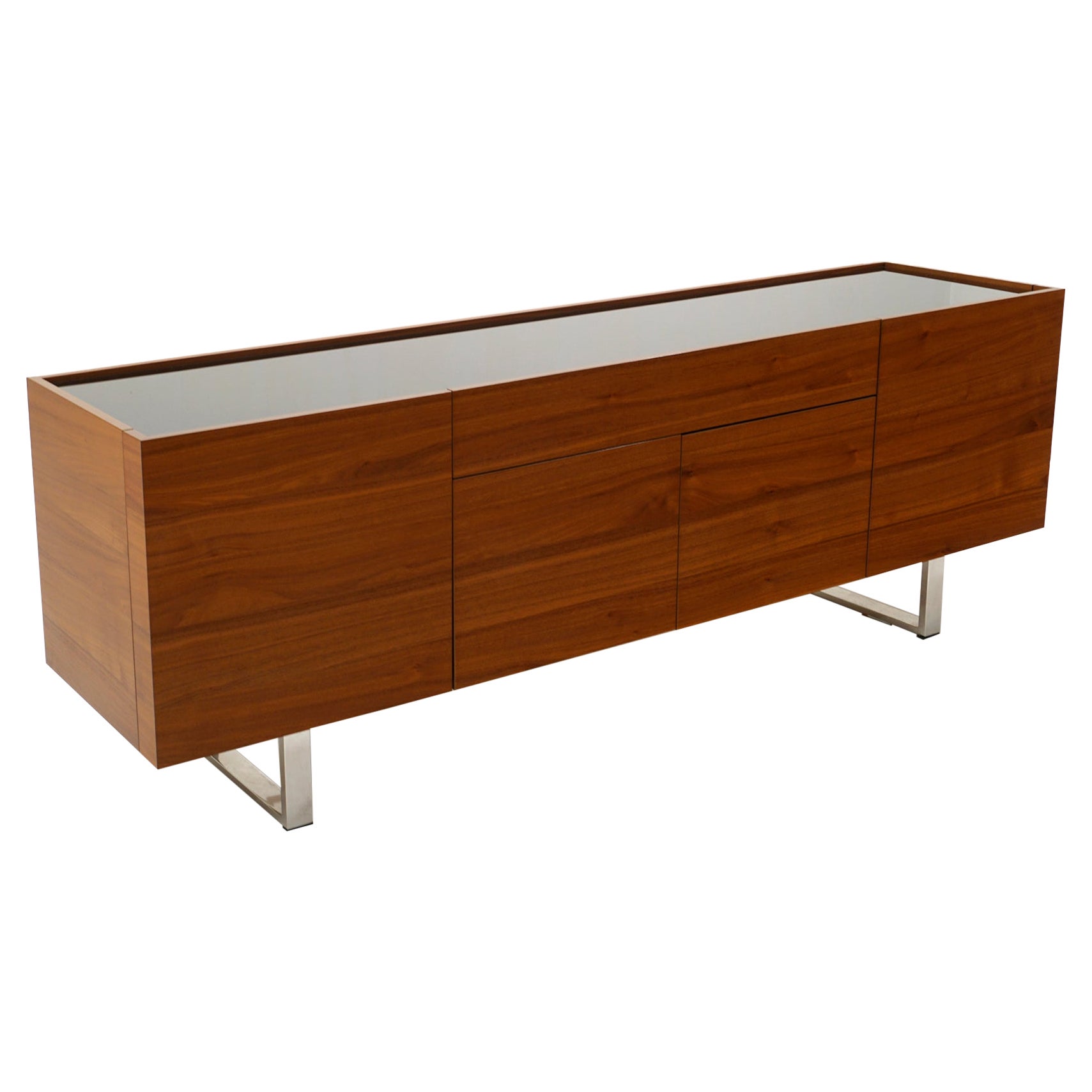 Walnut Credenza w/ Black Glass Top, Chrome Sled Base by Calligaris, Italy, 2010 For Sale